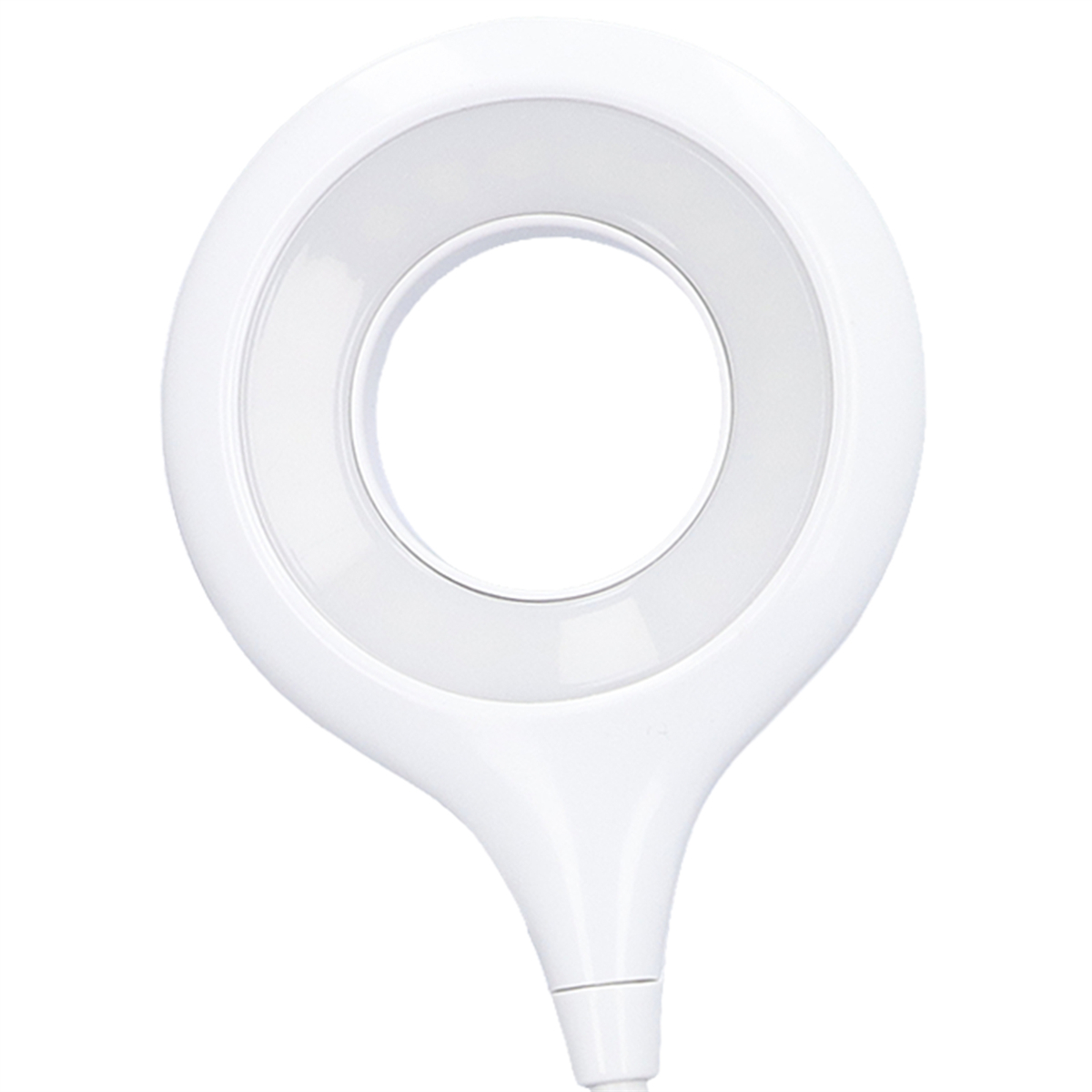 Weißes LED-Ringlicht mit kreisförmigem Design und weißer Basis, Draufsicht.