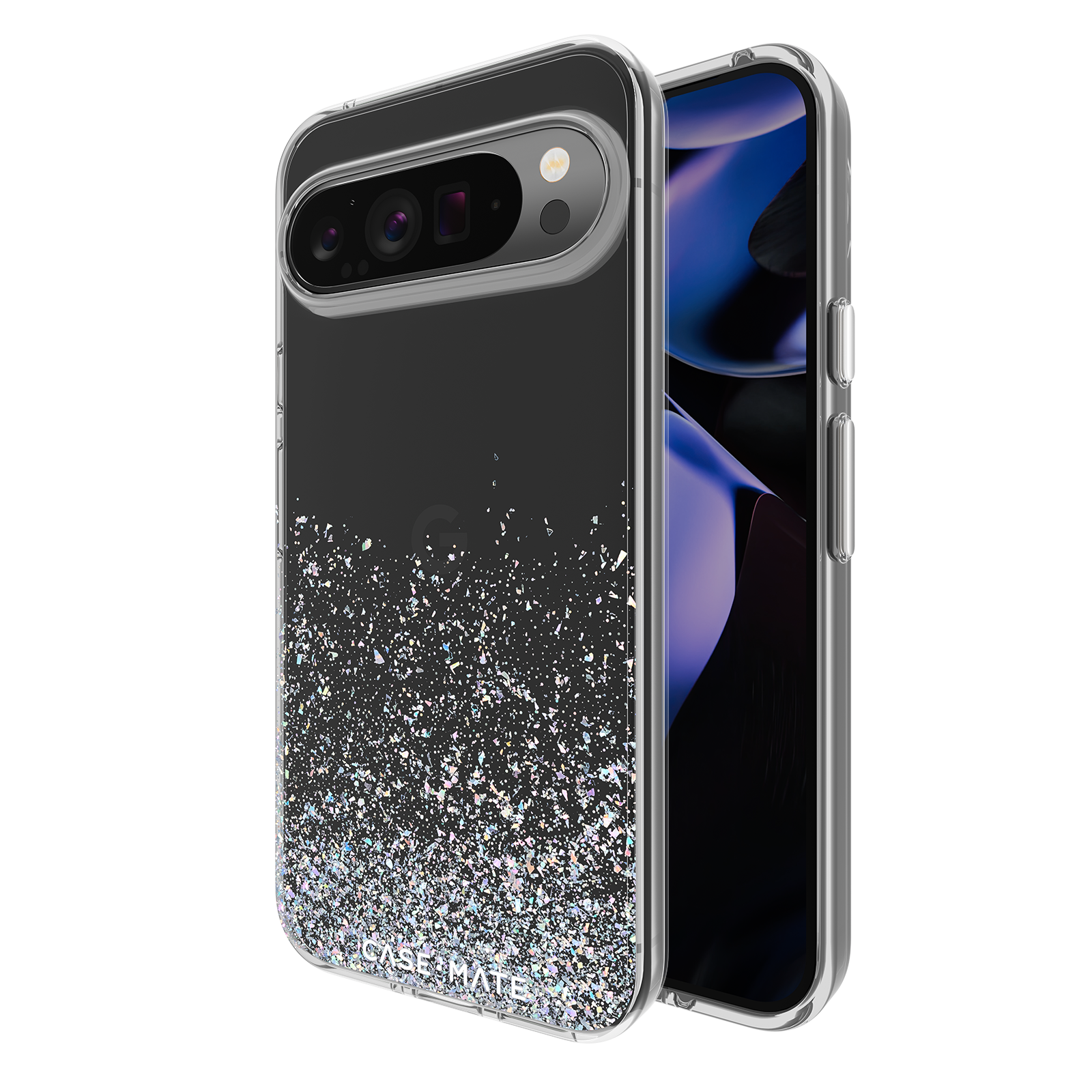 Eine transparente Handyhülle mit Glitzer, die ein Telefon schützt und einen Kameraausschnitt zeigt.