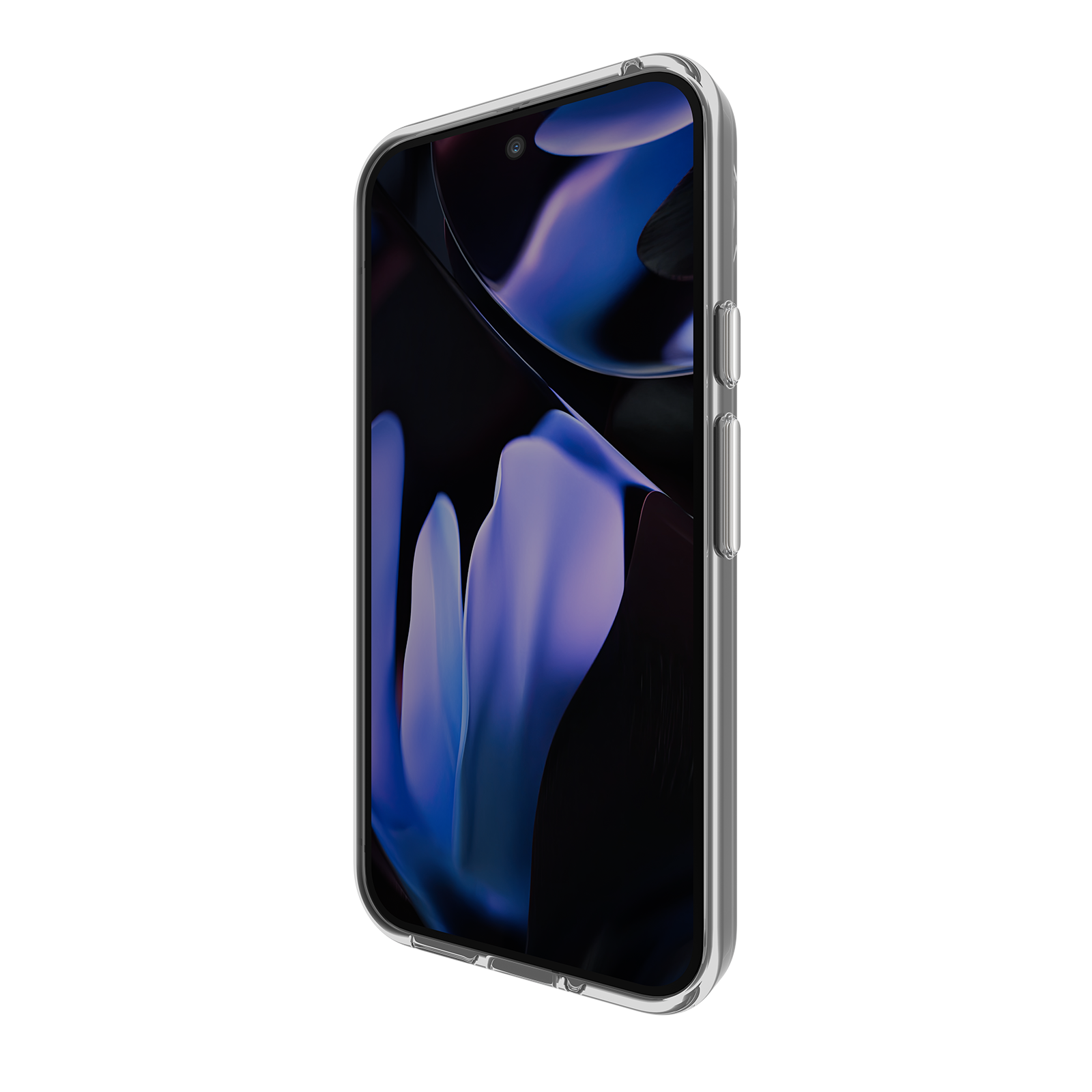 Eine transparente Handyhülle auf einem Telefon, Seitenansicht. Der Hintergrund ist schwarz.