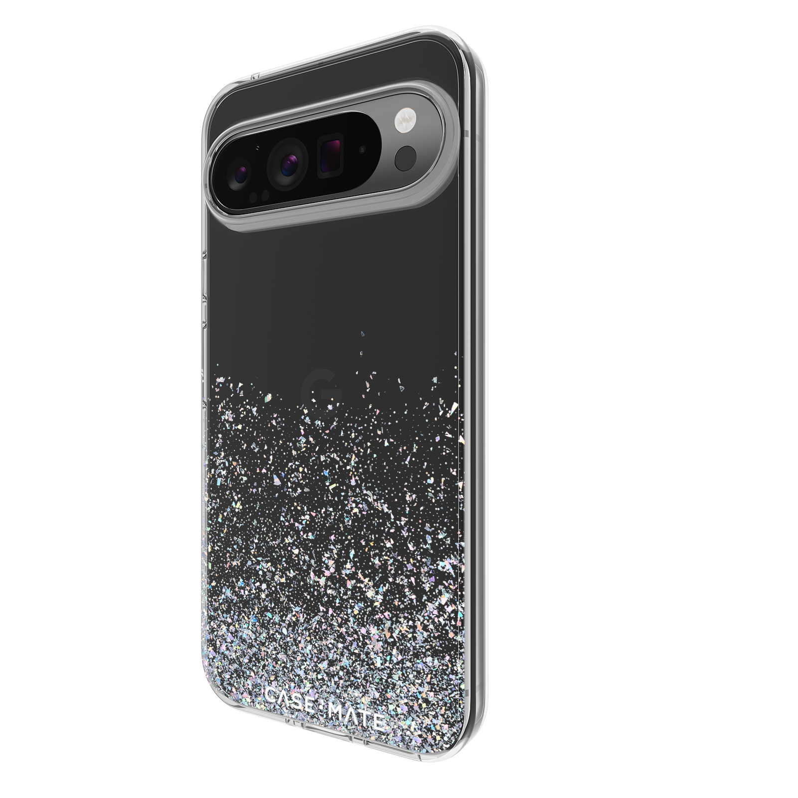 Eine transparente Handyhülle mit Glitzer auf schwarzem Hintergrund.