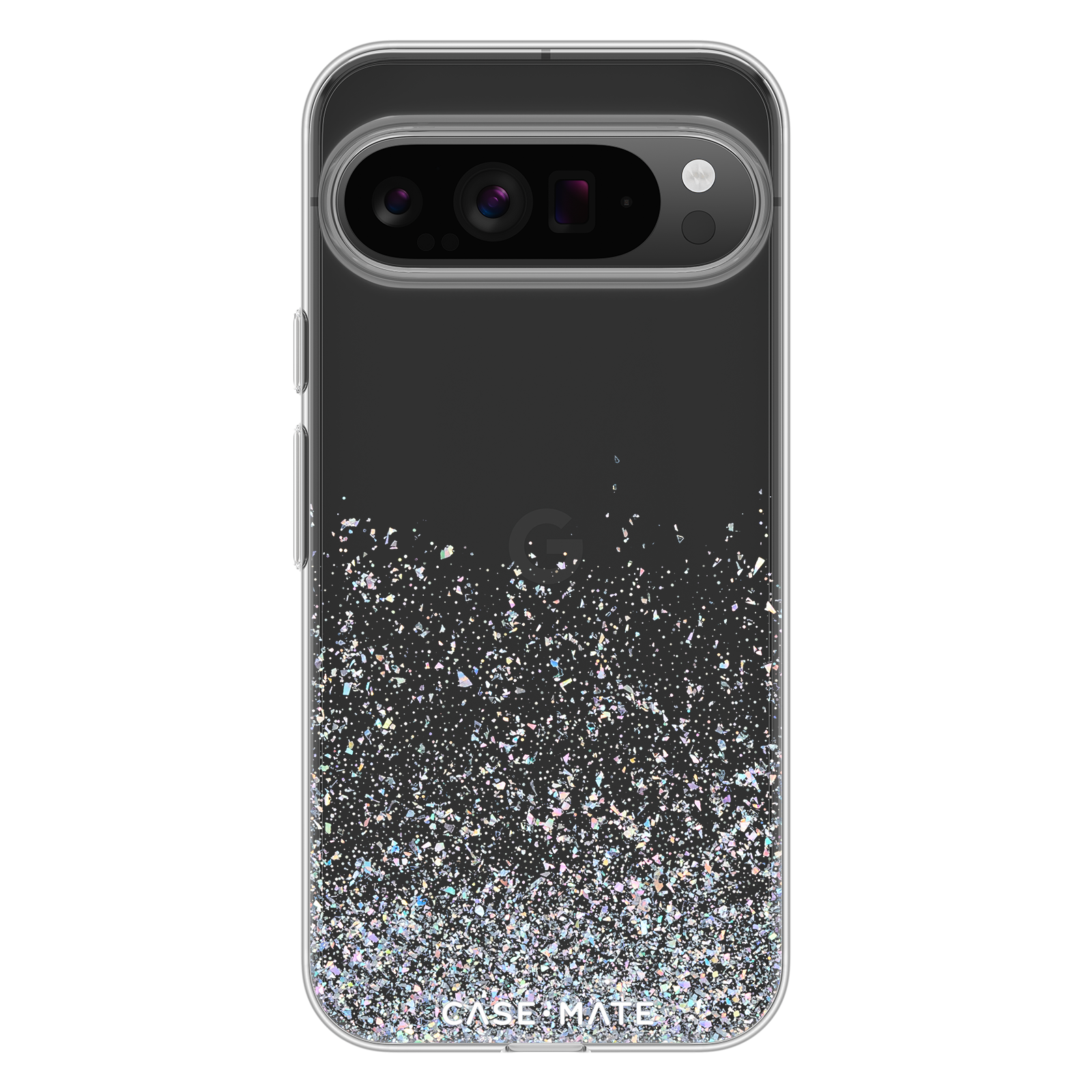 Eine Handyhülle mit silbernem Glitzer, der von unten nach oben verblasst, mit schwarzem Hintergrund.