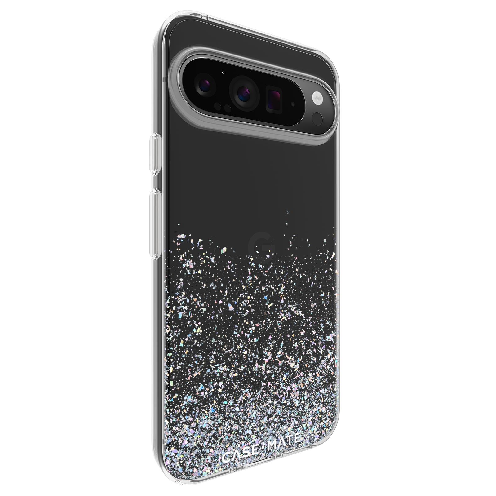 Transparente Handyhülle mit Glitzerverlauf. Die Marke Case Mate ist sichtbar.