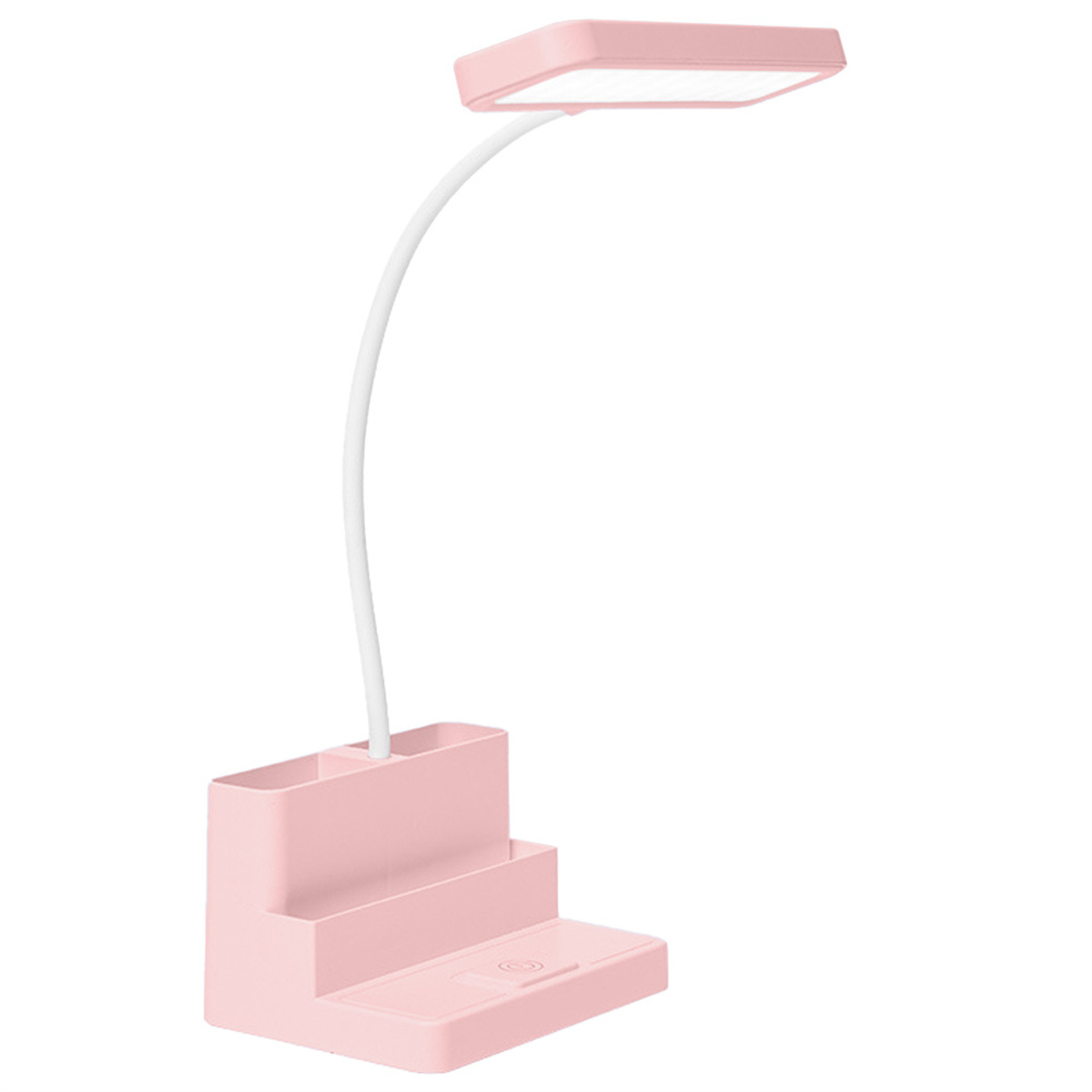 Rosa Schreibtischlampe mit flexiblem Hals und Basis mit Ablagefächern.