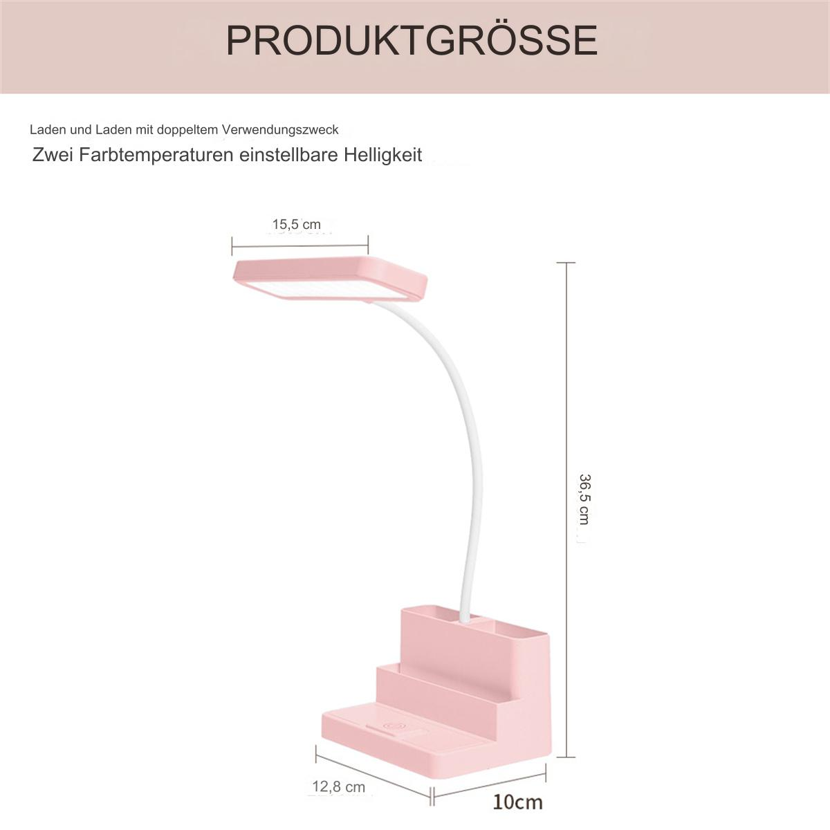 Rosa Schreibtischlampe mit Abmessungen und Text. Mit Stifthalter und gebogenem Hals. Weißer Hintergrund.