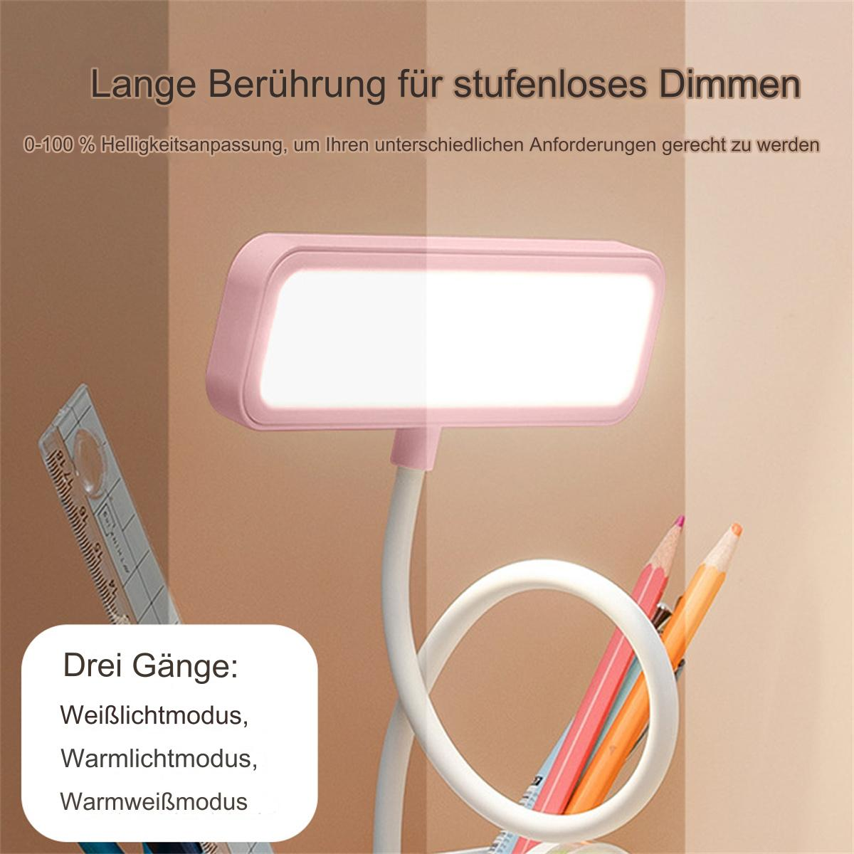 Eine pinke Schreibtischlampe mit flexiblem Hals. Sie hat ein Lichtfeld oben und Bleistifte in einem Halter.
