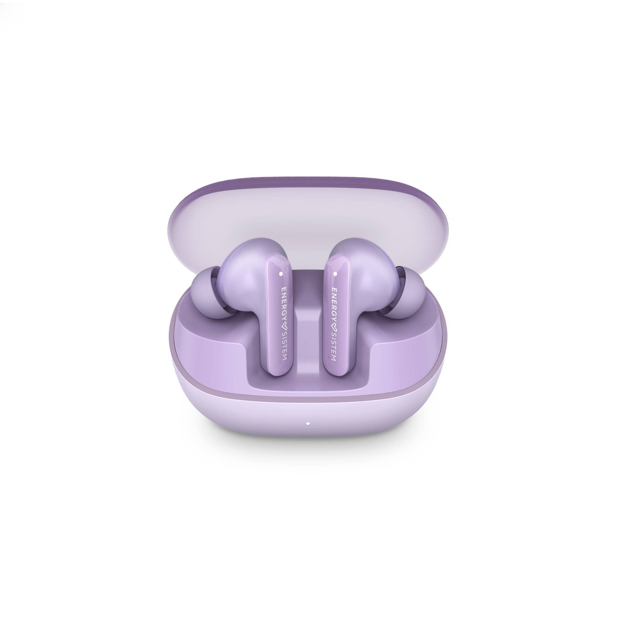 Twee paarse draadloze oordopjes in hun oplaadcase. De case is ook paars.