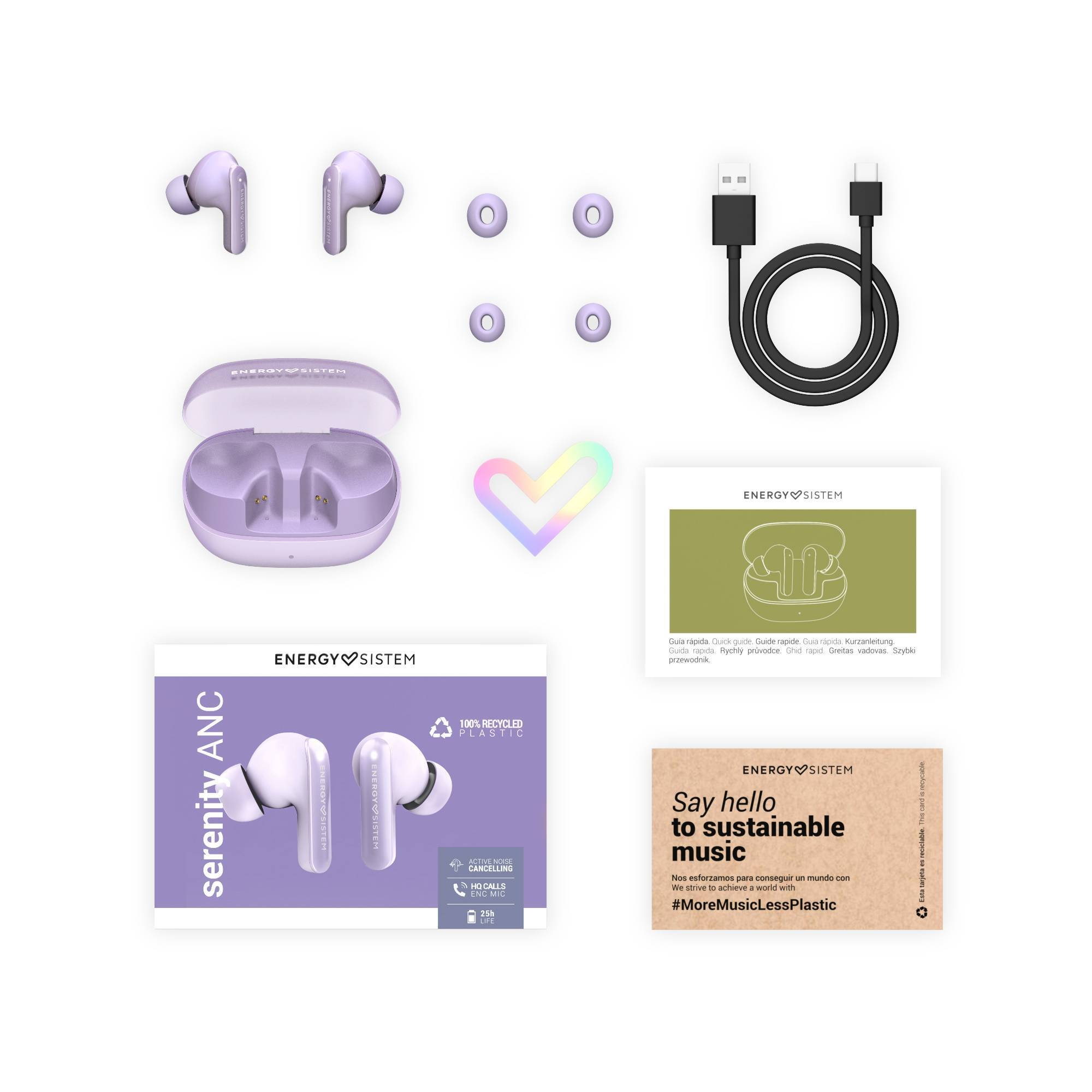 Paarse oordopjes met hoesje en accessoires, waaronder een oplaadkabel en een kaart. Het merk is ENERGY SISTEM.