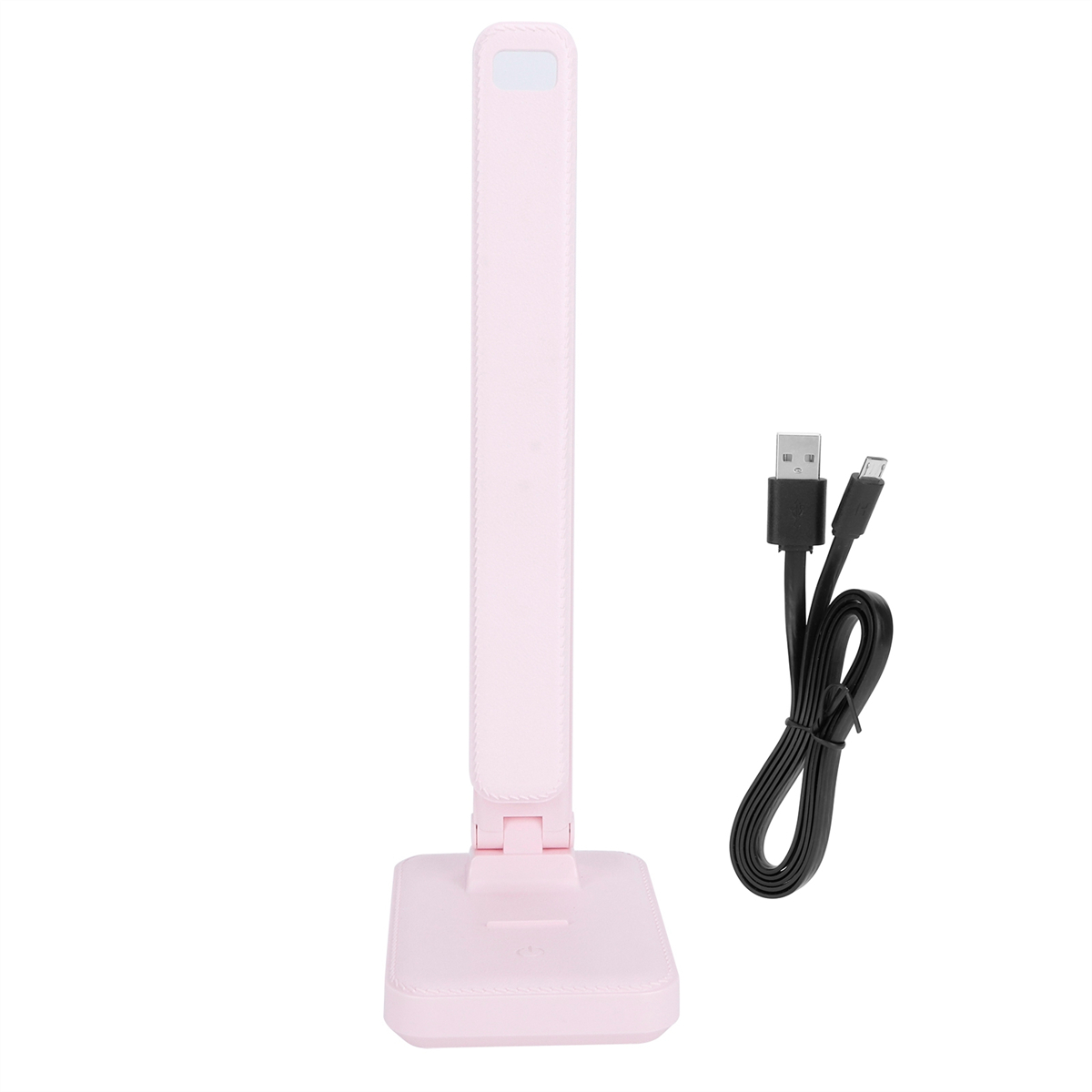 Eine rosa Schreibtischlampe mit USB-Kabel. Die Lampe hat einen quadratischen Fuß und einen verstellbaren Arm.