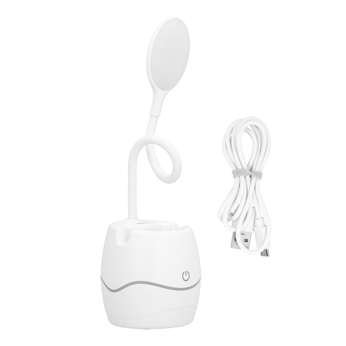 Weiße Schreibtischlampe mit flexiblem Hals, Stifthalter und USB-Kabel.