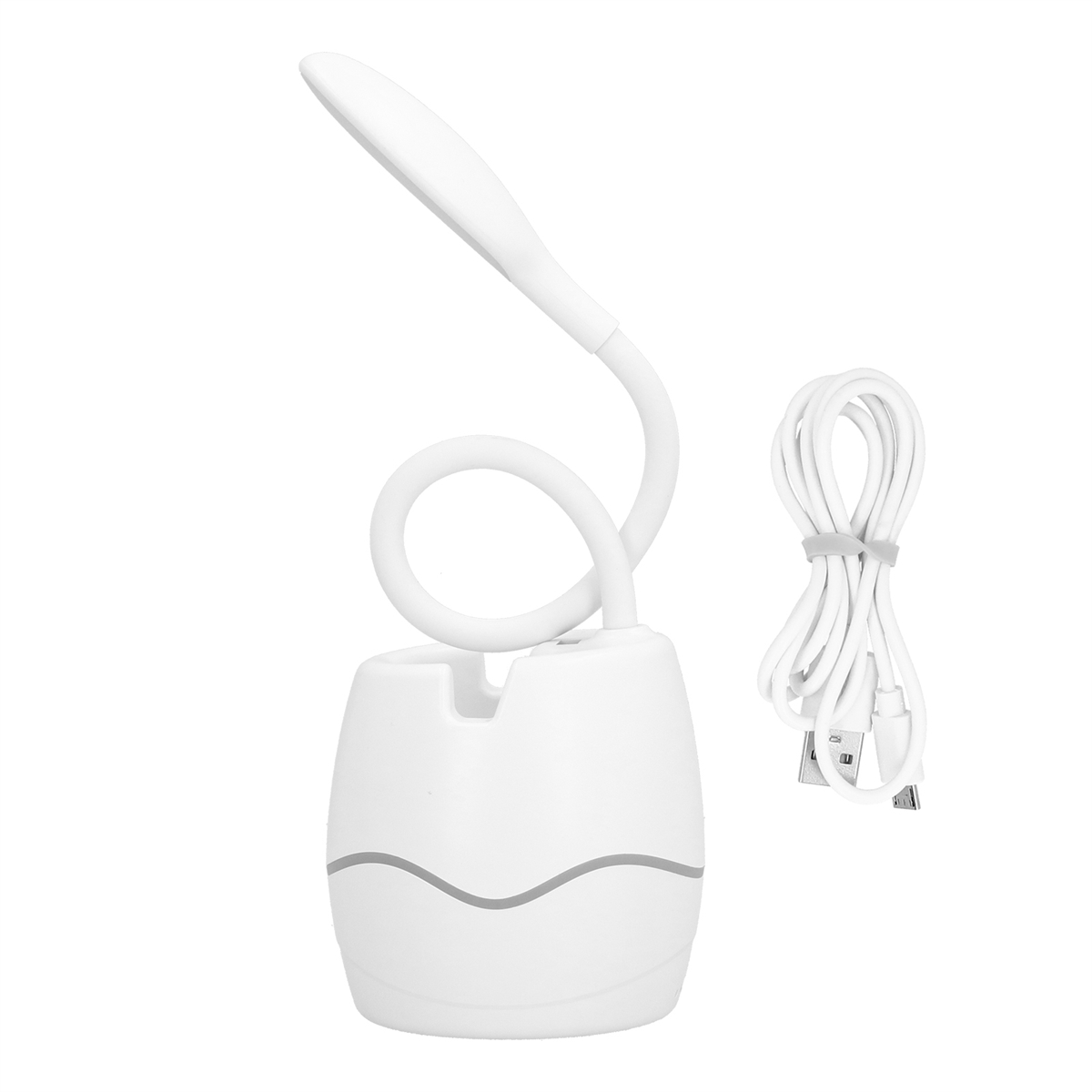 Weiße Schreibtischlampe mit flexiblem Hals, Stifthalter und USB-Kabel. Weißer Hintergrund.