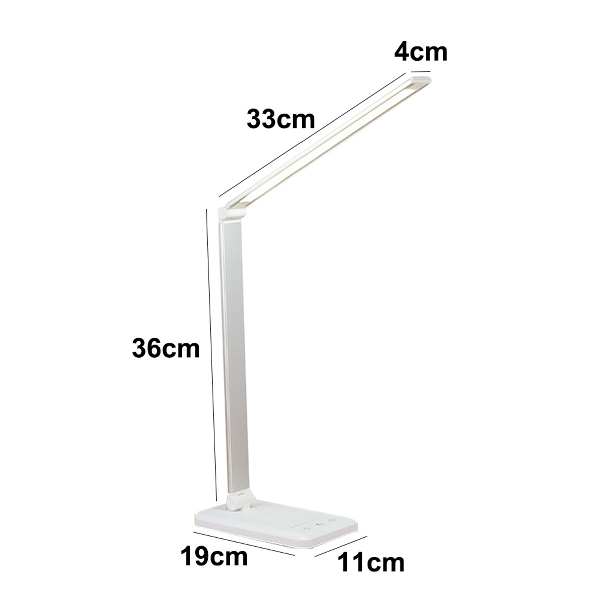Weiße LED-Schreibtischlampe mit Abmessungen. Die Lampe hat einen rechteckigen Fuß und einen verstellbaren Arm.