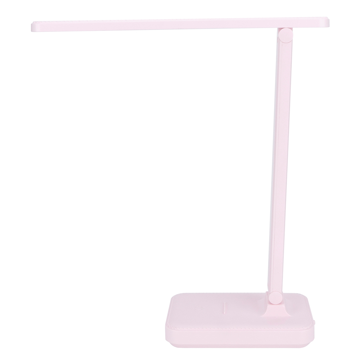 Rosa LED-Schreibtischlampe, vertikaler Pfosten und rechteckiger Sockel, alles auf Weiß.