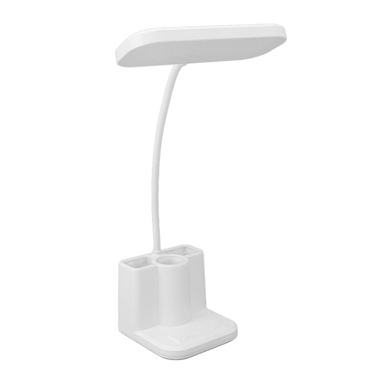 Weiße Schreibtischlampe mit Stifthalter-Sockel. Modernes, minimalistisches Design.