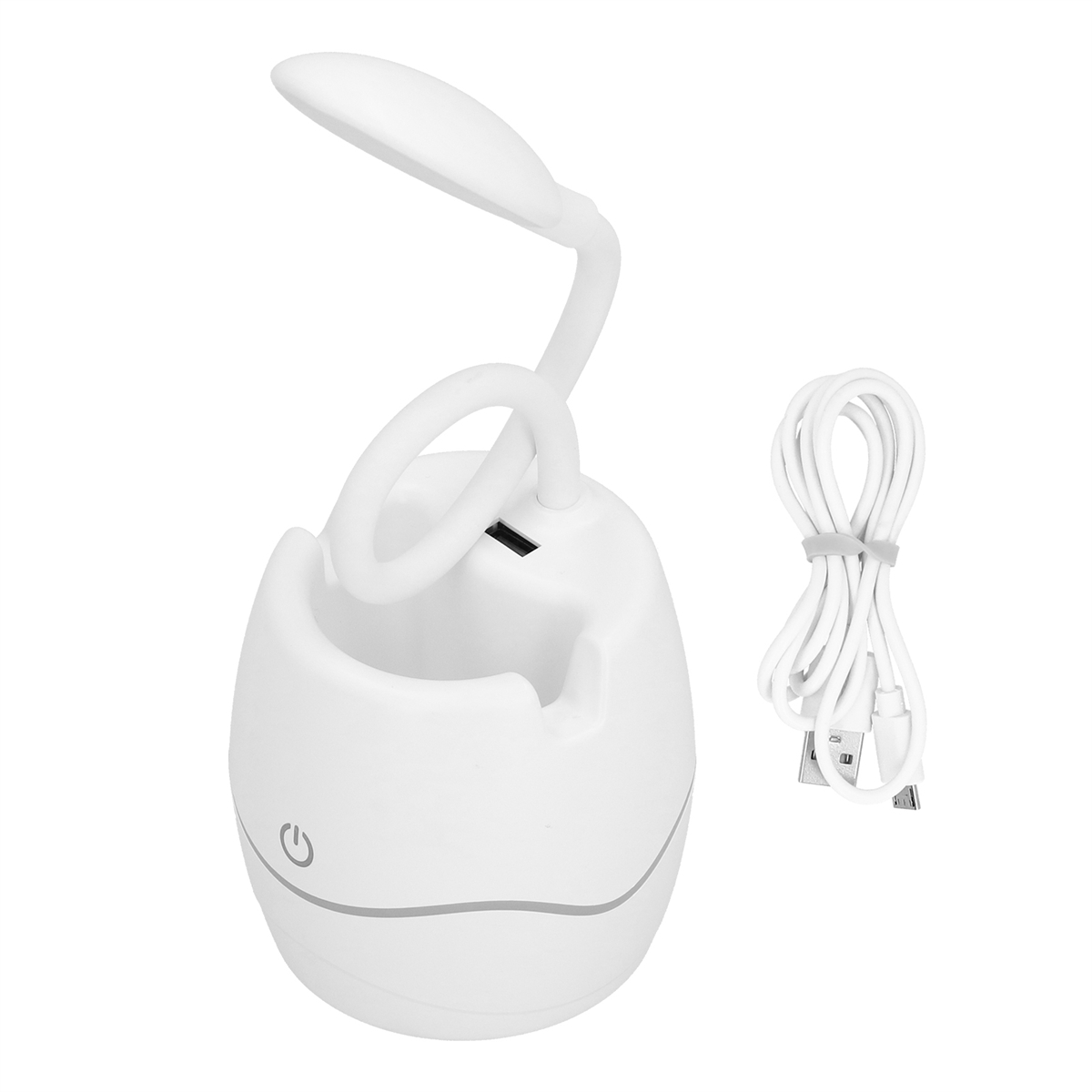 Weiße Schreibtischlampe mit flexiblem Hals und USB-Ladeanschluss.