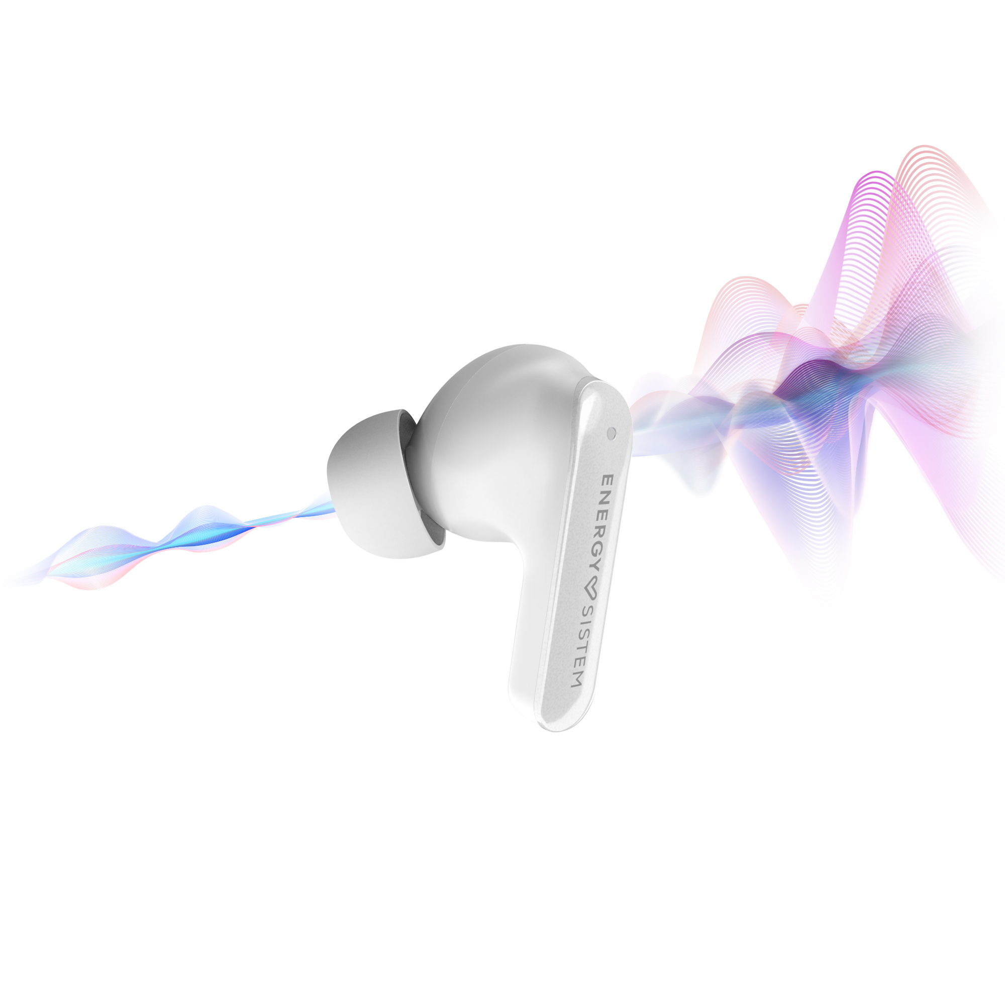 Weißer Ohrhörer mit Energy System Logo und Schallwellen-Grafik auf weißem Hintergrund.