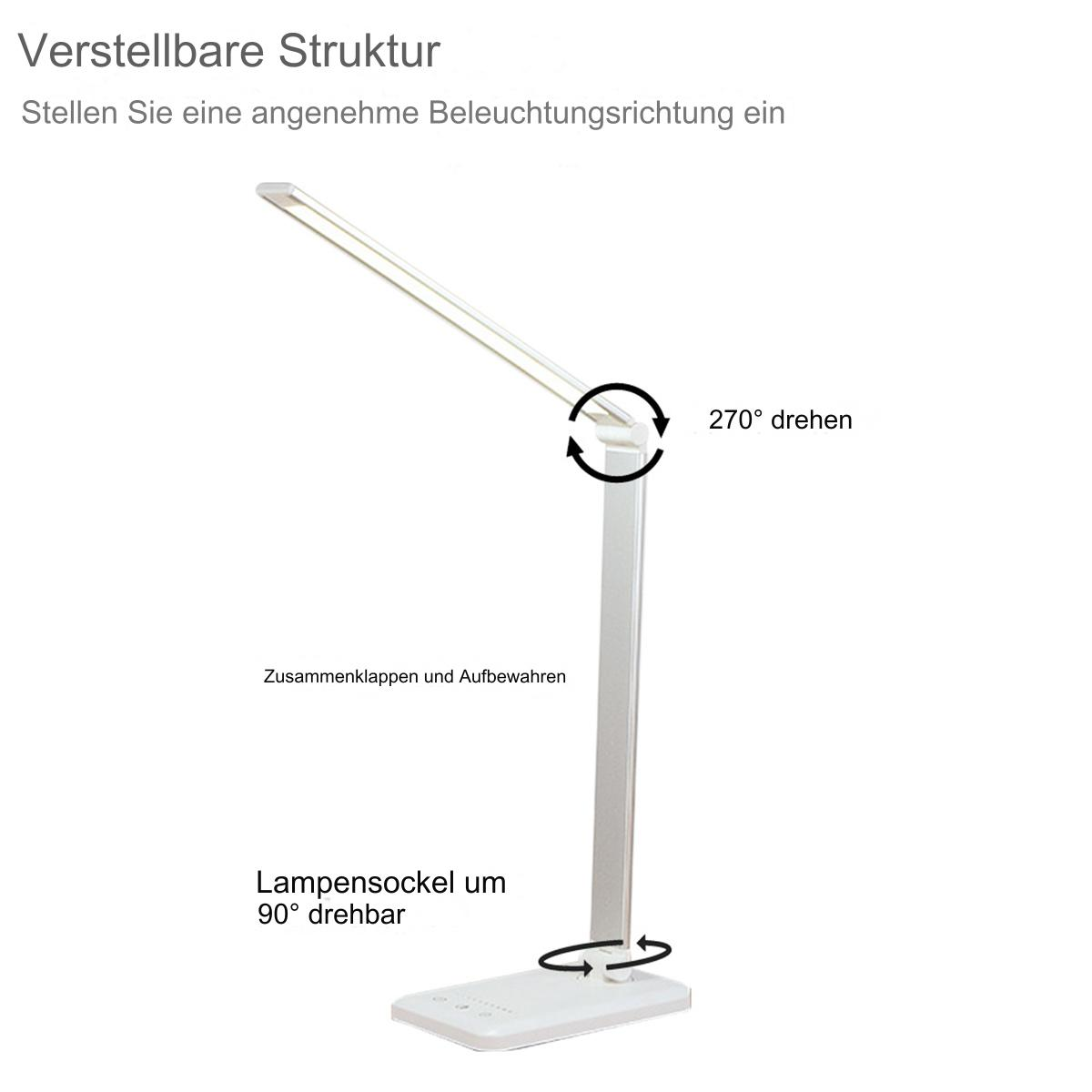 Eine weiße, verstellbare Schreibtischlampe. Die Lampe hat einen flexiblen Hals und einen Sockel mit Bedienelementen. Die Lampe ist weiß.