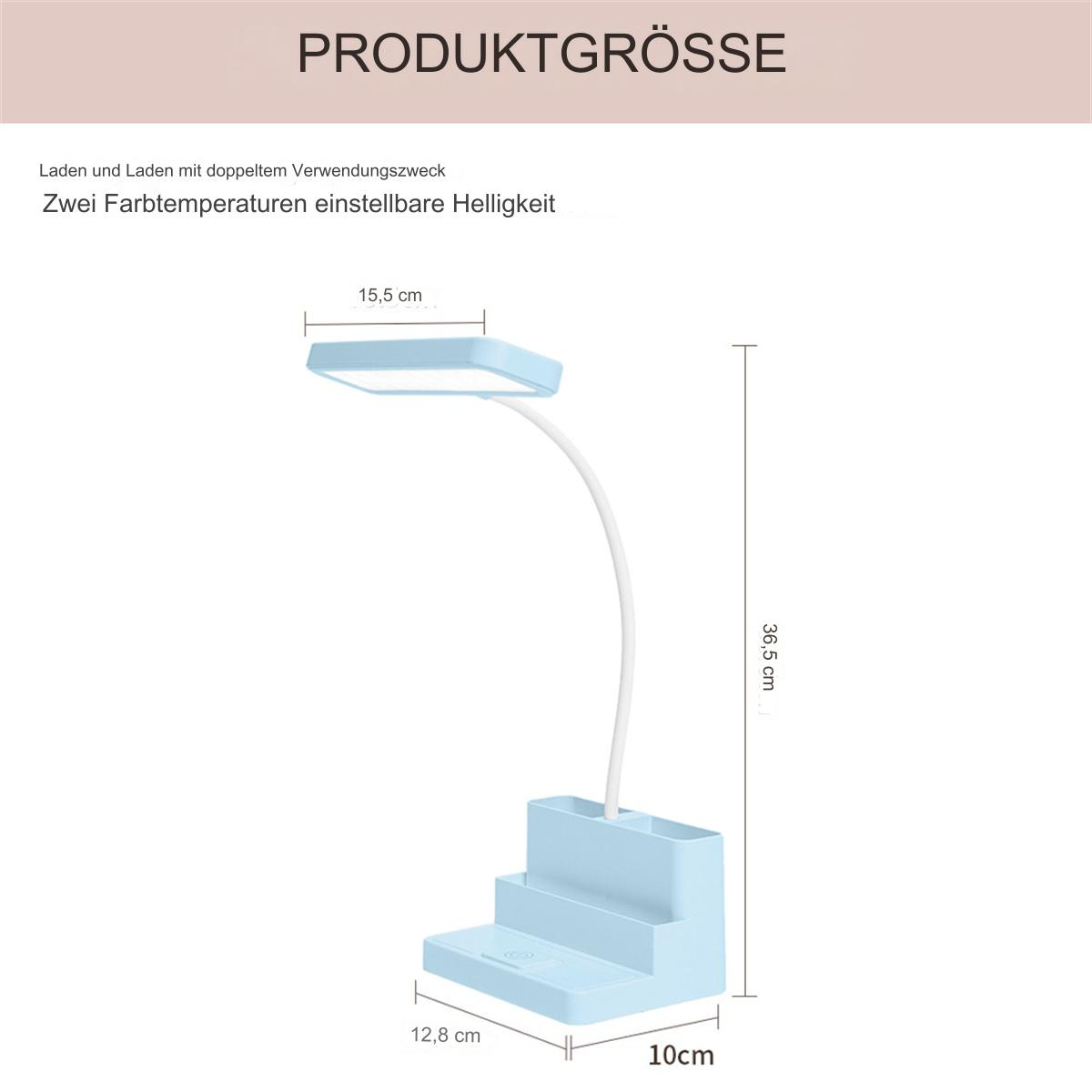Eine weiße Schreibtischlampe mit beschrifteten Abmessungen, mit blauem Sockel und beschrifteter Produktgrößenüberschrift.