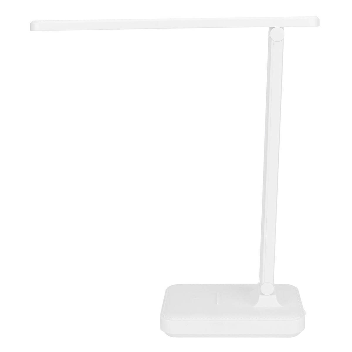 Weiße Schreibtischlampe auf weißem Hintergrund. Die Lampe ist eingeschaltet.