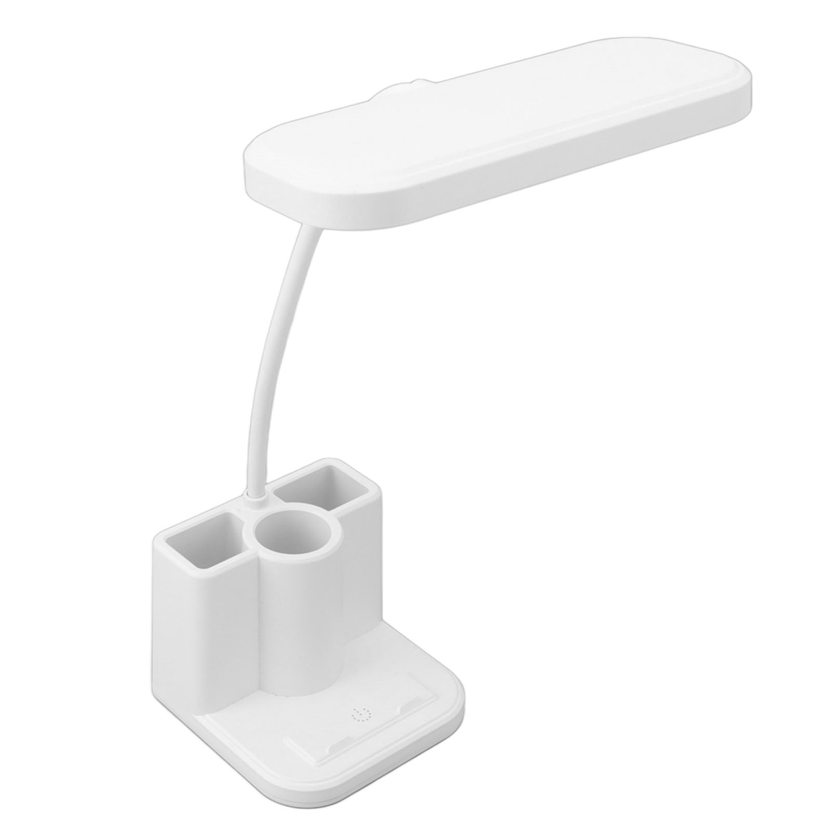 Weiße Schreibtischlampe mit Stifthalter und kleinem Sockel. Sie hat einen gebogenen Hals.