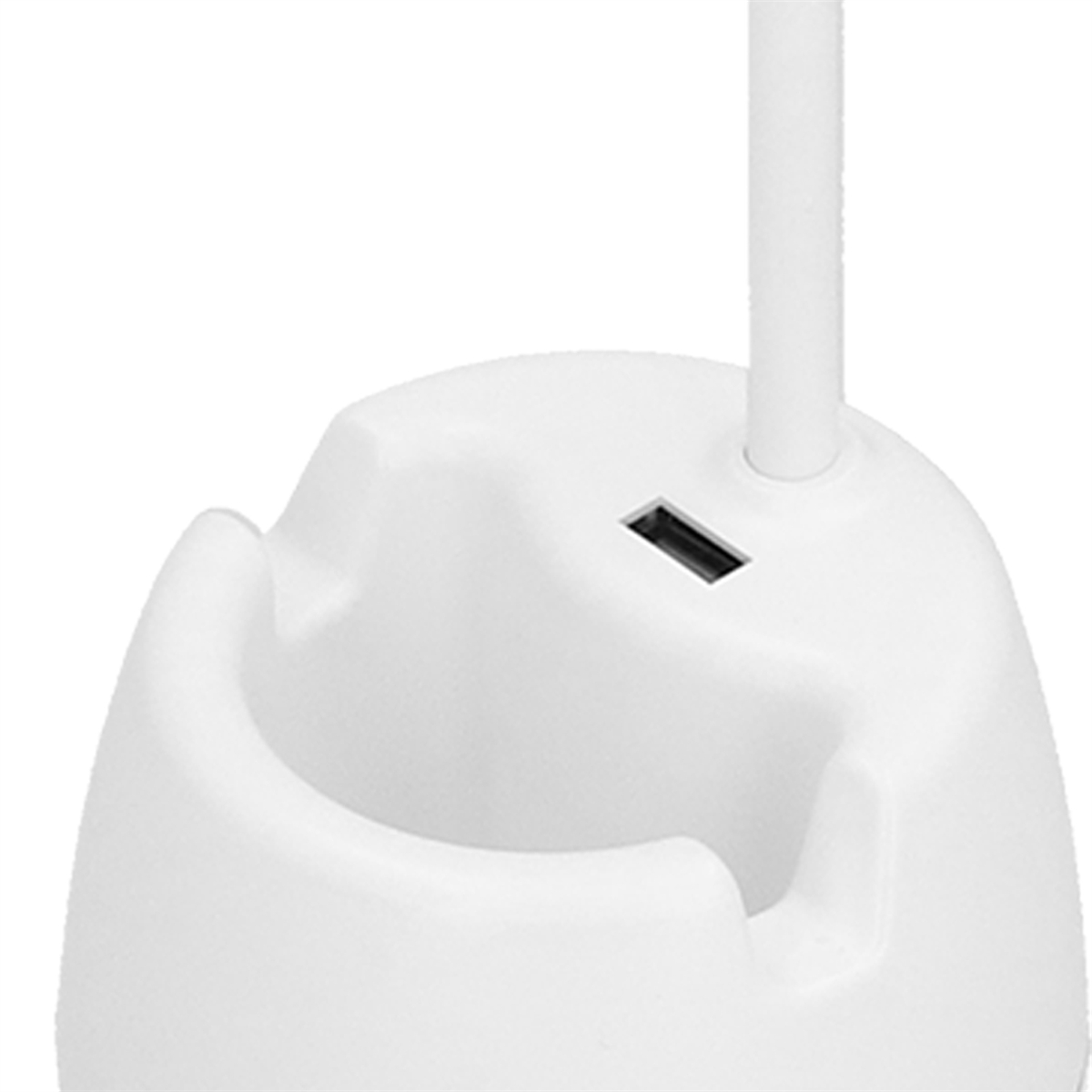 Weißes Gerät mit USB-Anschluss. Der obere Teil hat eine gebogene Form.