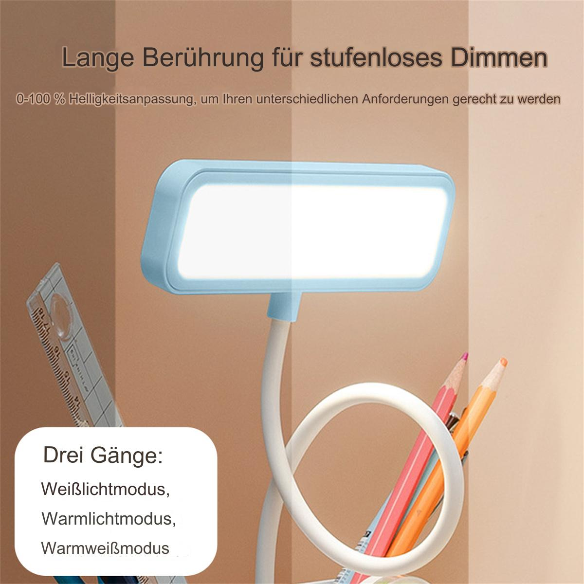 Eine Schreibtischlampe mit flexiblem Hals und rechteckigem Licht. Sie hat auch Stifthalter und ein Lineal.
