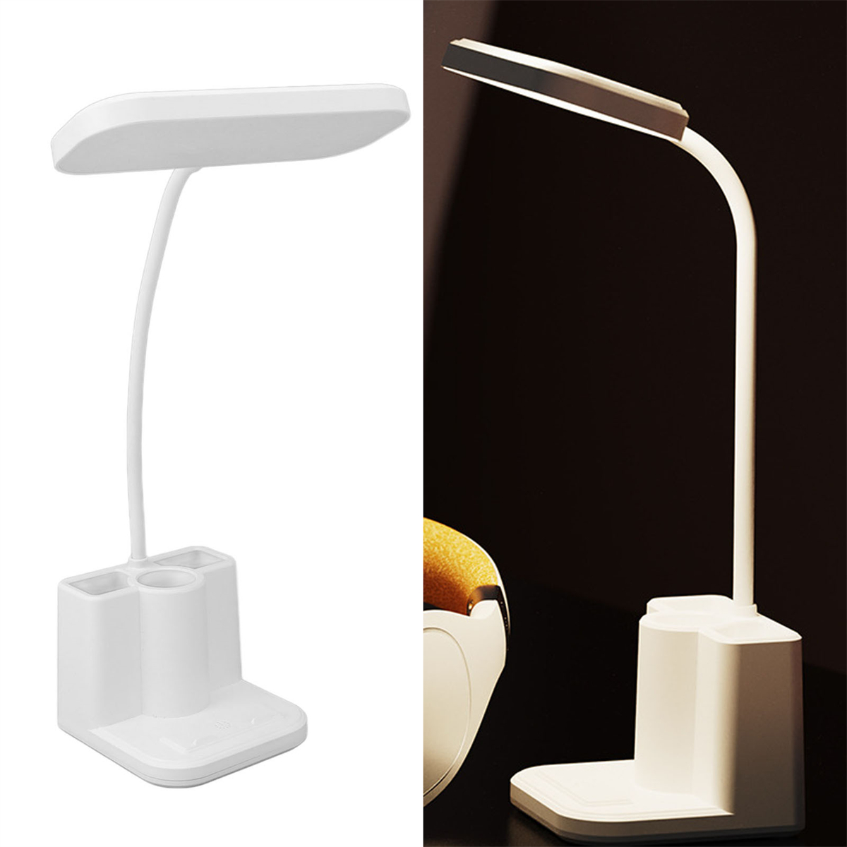 Zwei Bilder einer weißen Schreibtischlampe. Eines zeigt den Sockel mit Stifthalter, das andere beleuchtet.