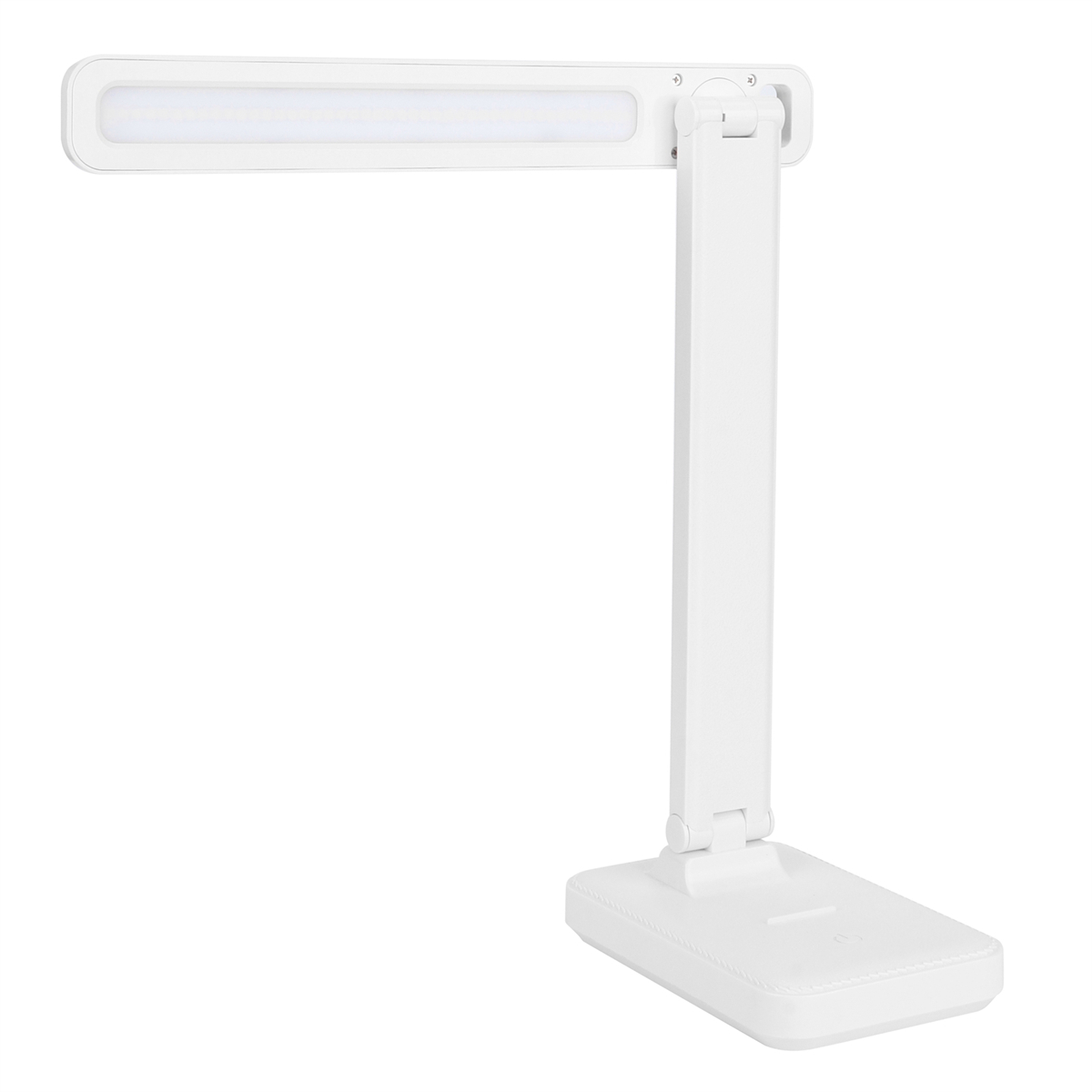 Weiße Schreibtischlampe mit verstellbarem Arm und Fuß, mit rechteckiger Lichtquelle.