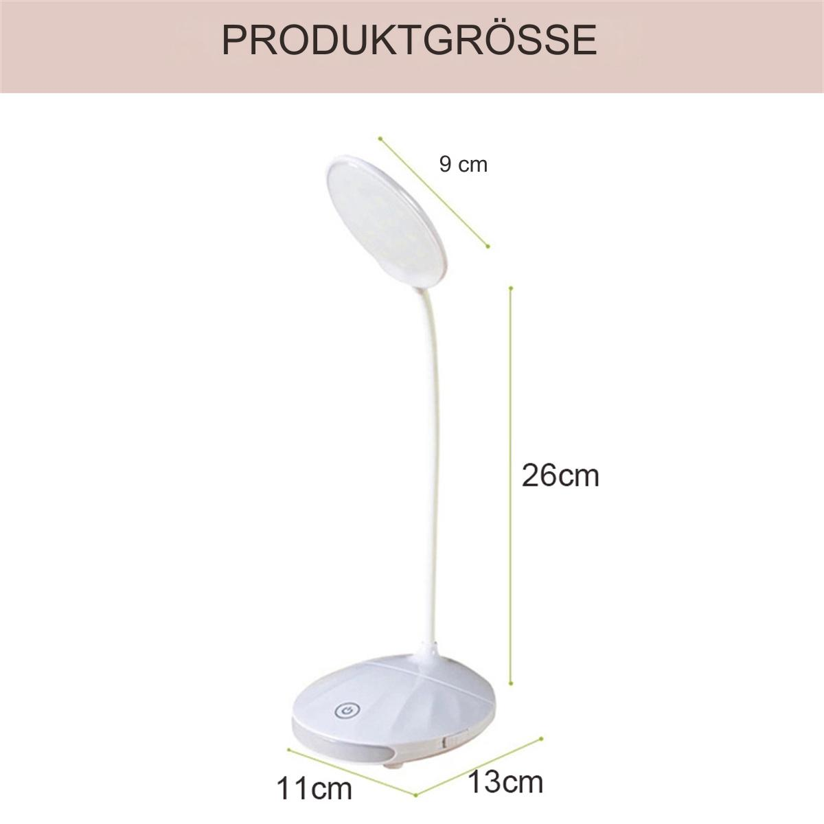 Eine weiße Schreibtischlampe mit Maßen: 11 cm Sockel, 13 cm Breite, 26 cm Höhe und 9 cm Lampenkopf.