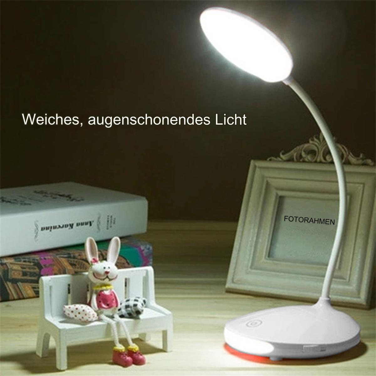 Weiße Schreibtischlampe mit Hasenfigur und Rahmen. Text: 'Weiches, augenschonendes Licht'.