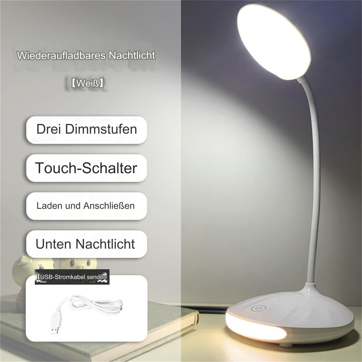 Weiße Schreibtischlampe mit deutschen Etiketten und einem USB-Kabel.
