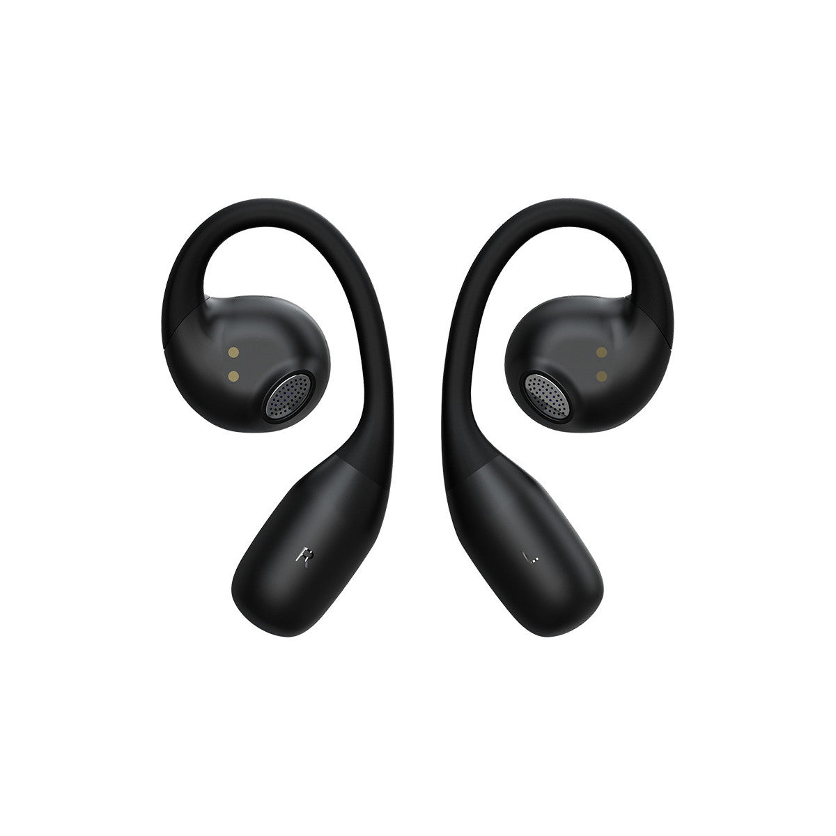 Due auricolari wireless neri, ognuno con design curvo per l'orecchio e un altoparlante.