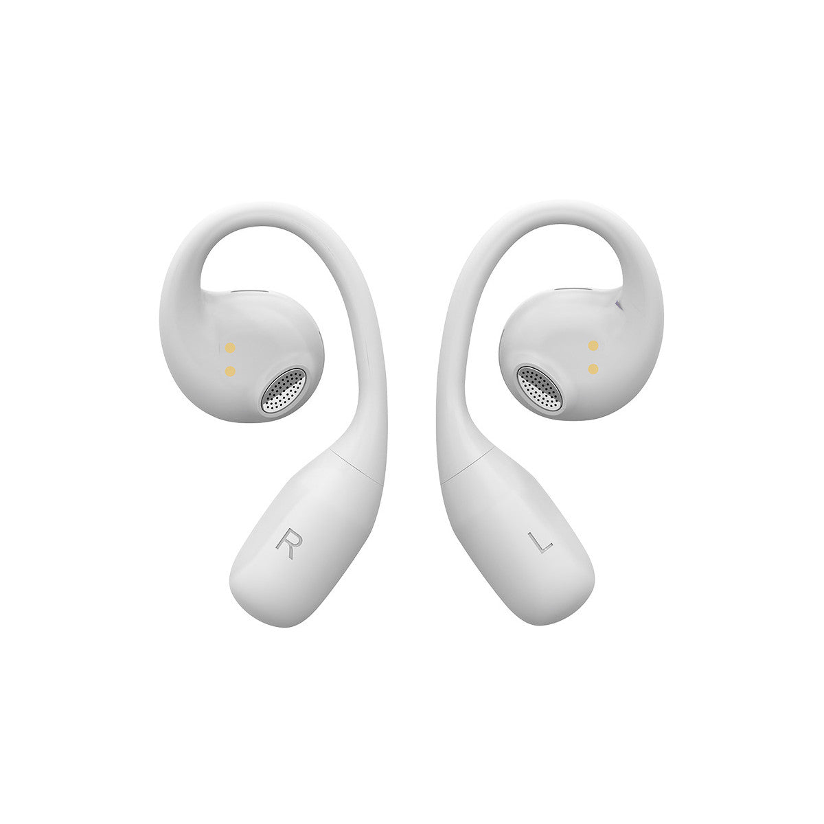 Auricolari wireless bianchi, con etichetta sinistra e destra, su sfondo bianco.