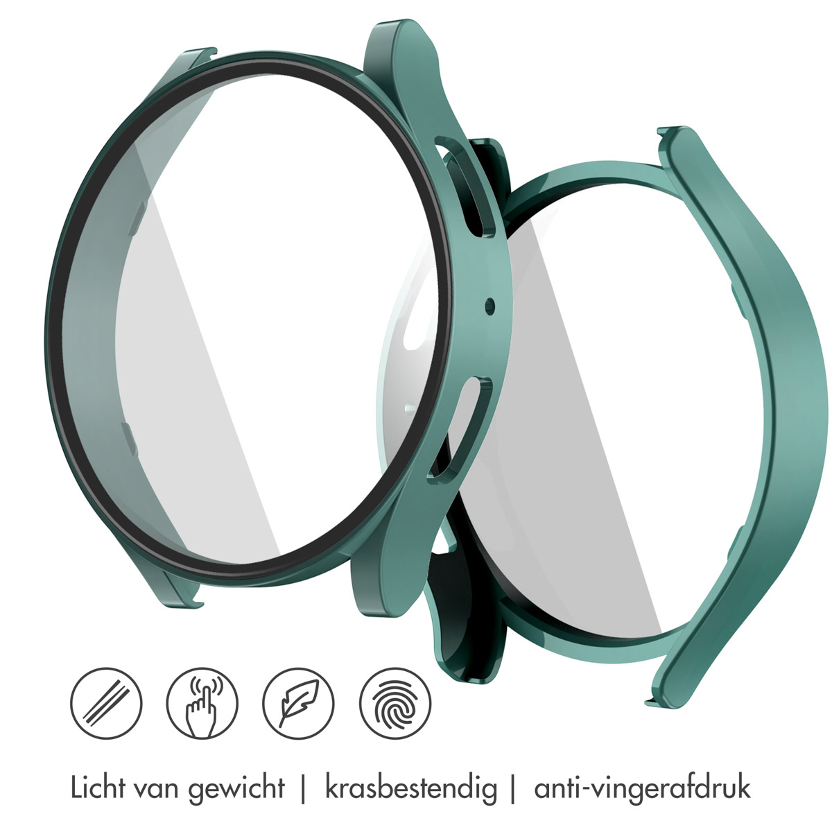 Twee groene horlogekasten. Eén is open, met de schermbeschermer. De andere is gesloten.