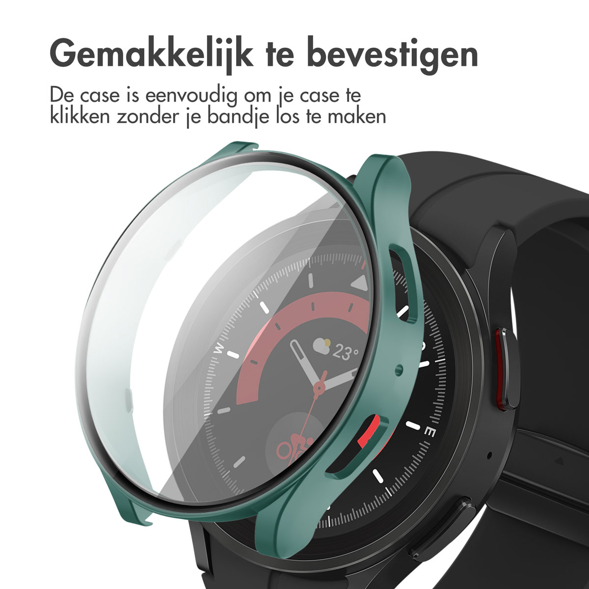 Horloge met schermbeschermer. De beschermer is groen en de wijzerplaat toont de tijd.