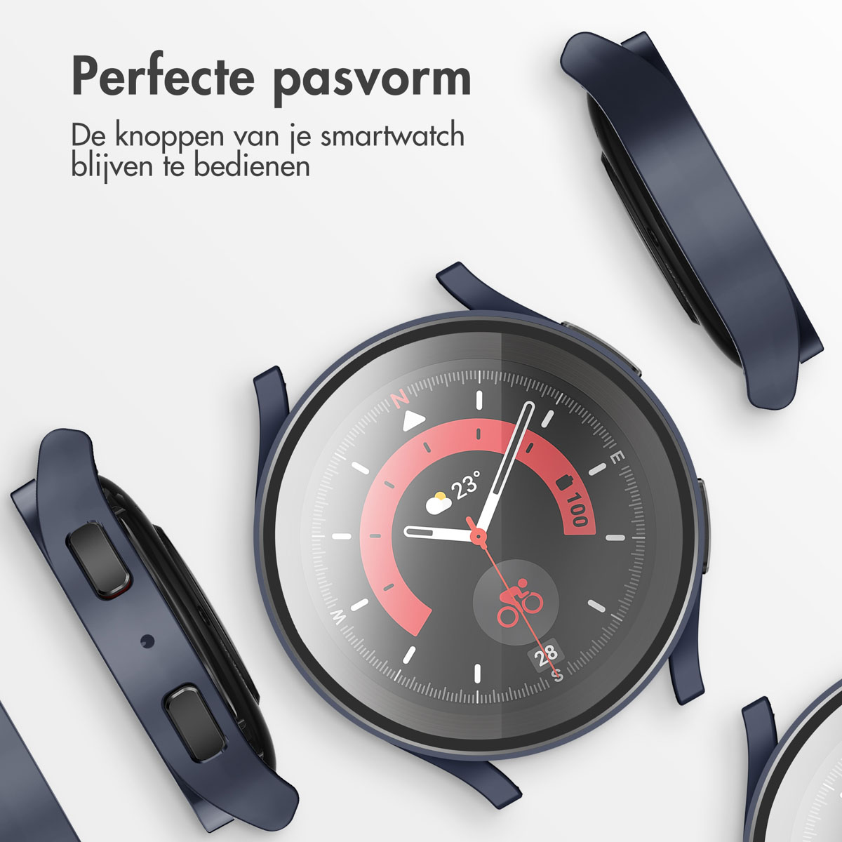 Smartwatch met marineblauwe covers. Het horloge toont een rode en witte wijzerplaat, covercomponenten eromheen.