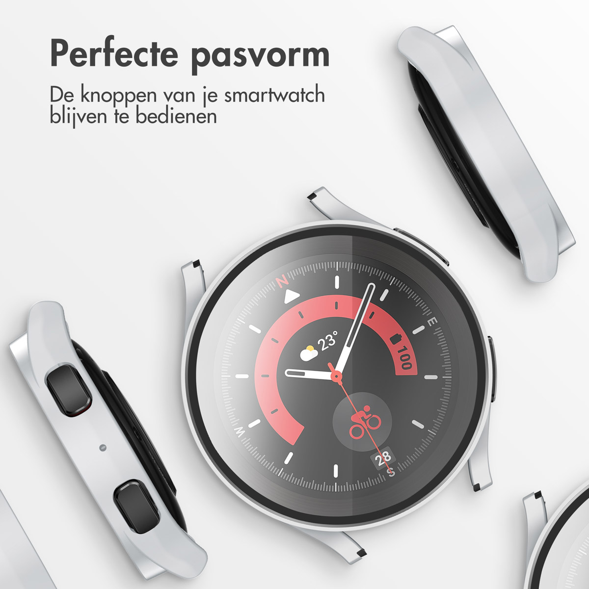 Zilveren horlogekast onderdelen rond een zwart horloge, tekst: Perfecte pasvorm.