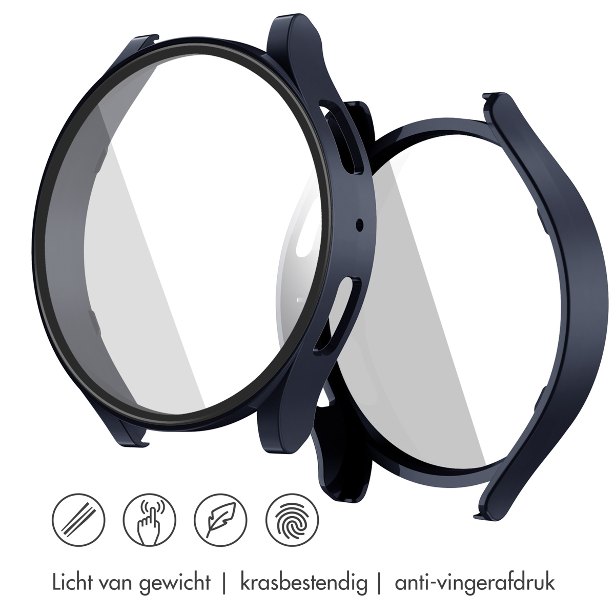 Twee donkerblauwe horlogekoffers met heldere schermbeschermers, met iconen voor lichtgewicht, krasbestendigheid en anti-vingerafdruk.