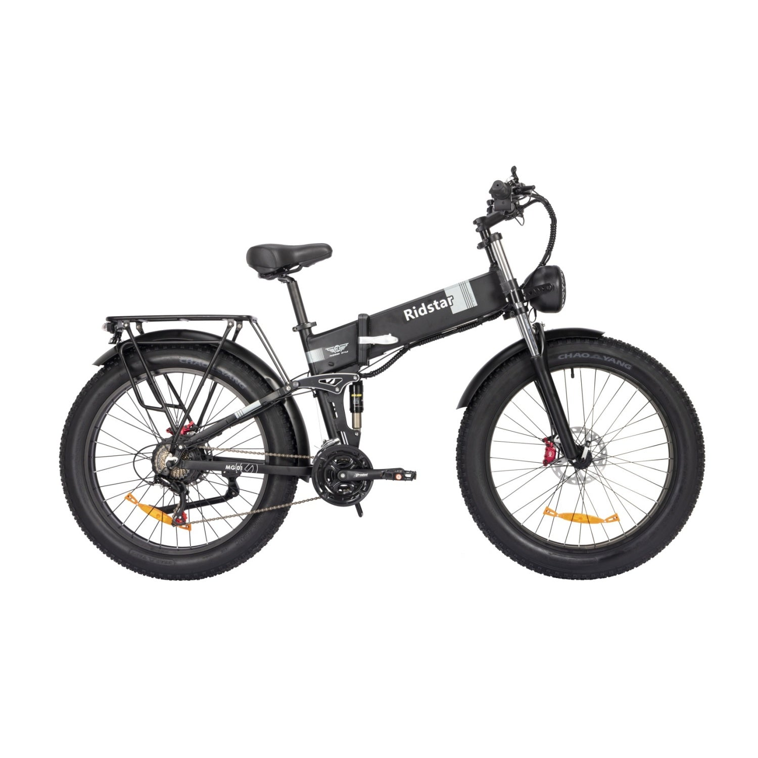 Ein schwarzes Klapp-E-Bike mit großen Reifen. Der Markenname ist Ridstar.
