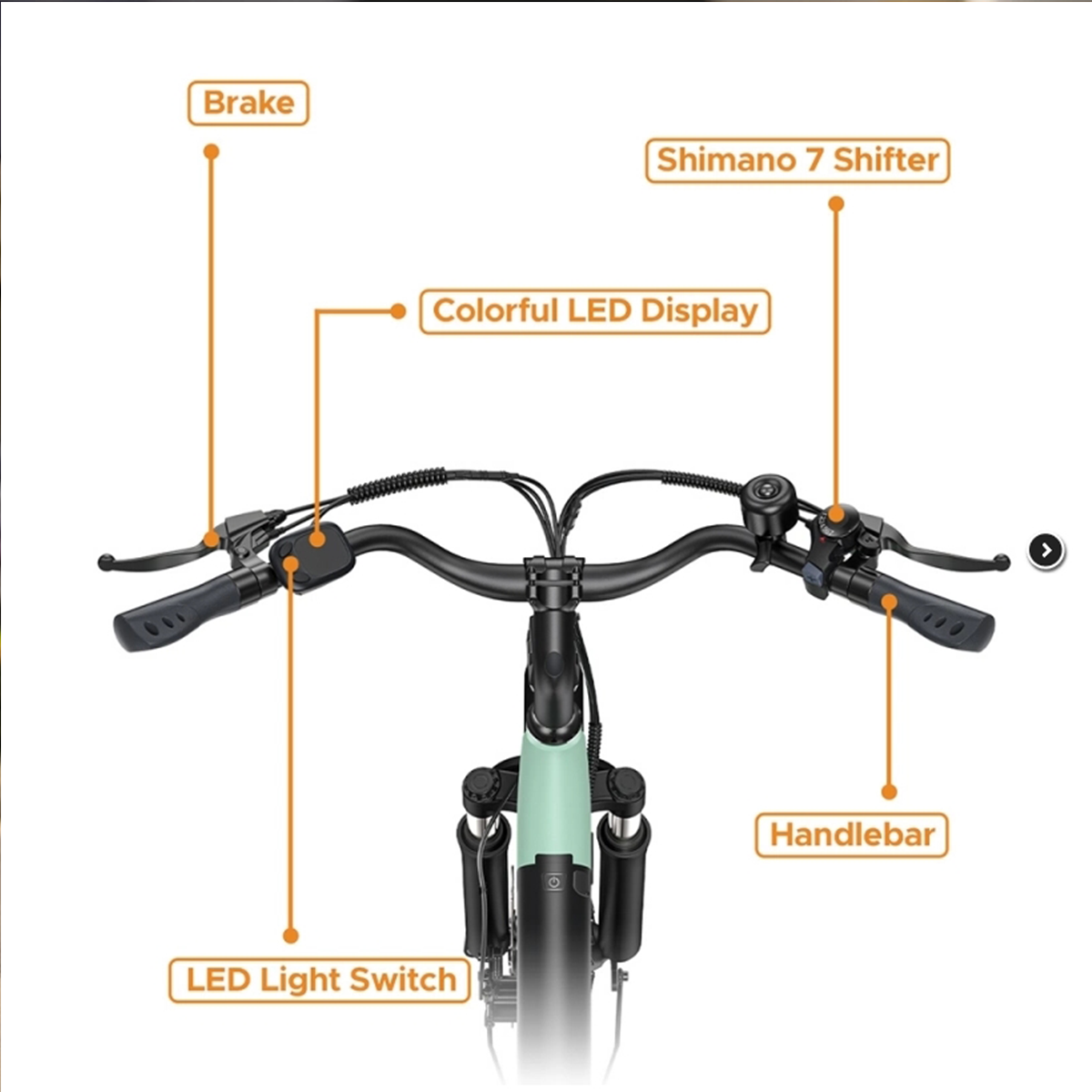 Kierownica roweru z etykietami: hamulec, włącznik światła LED, zmiana Shimano i wyświetlacz LED.