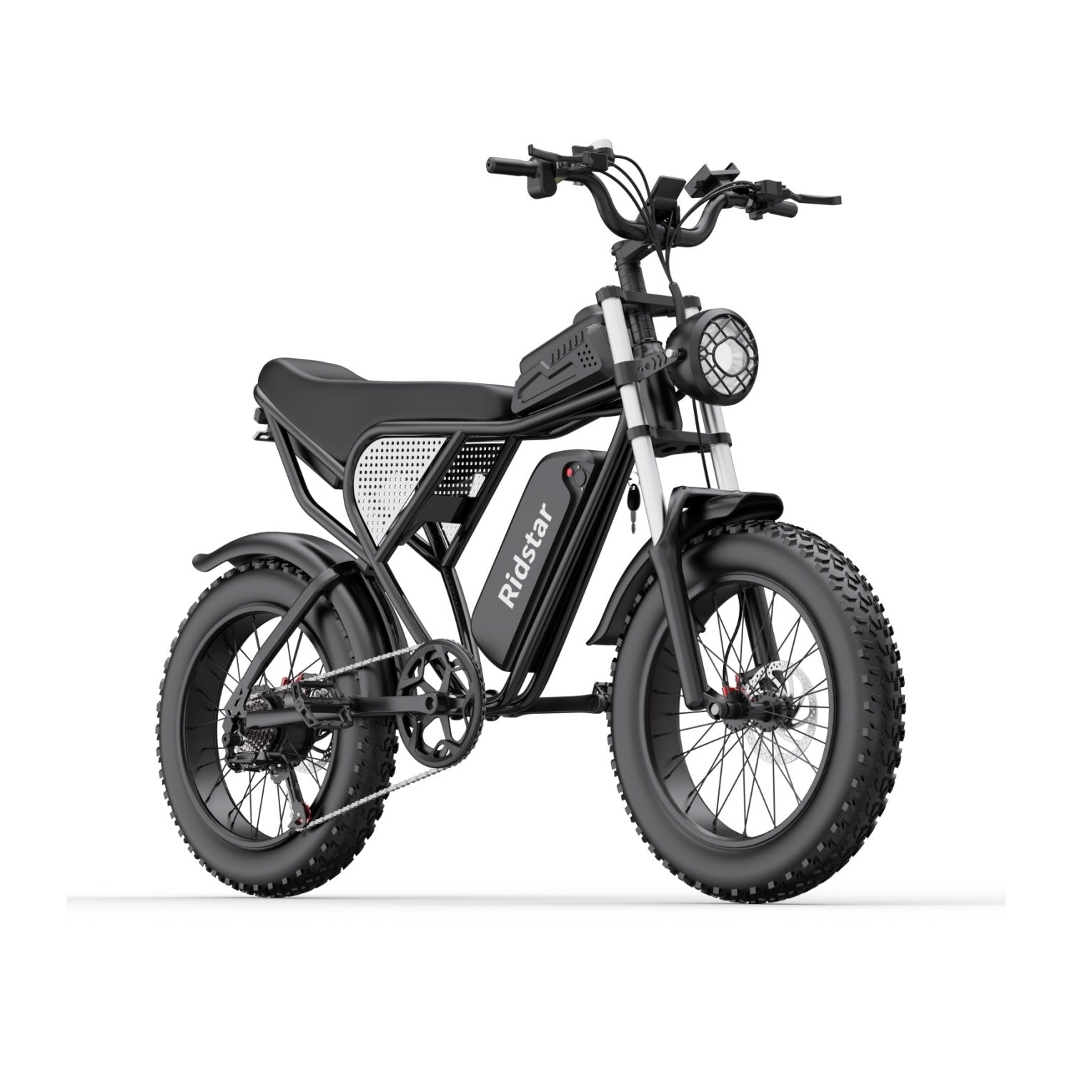 Schwarzes Elektrofahrrad mit weißen Details, Scheinwerfer und Ridstar-Branding. Es hat dicke Reifen.
