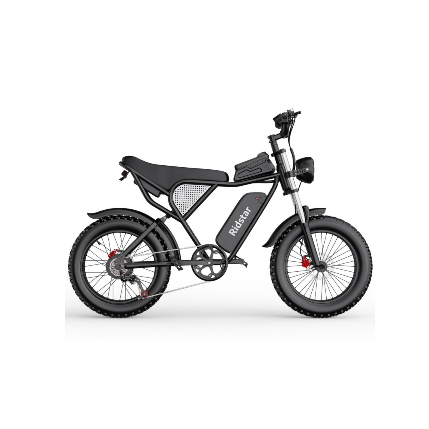 Schwarzes elektrisches Ridstar-Fahrrad auf weißem Hintergrund. Es hat einen schwarzen Rahmen, breite Reifen und einen Akku.