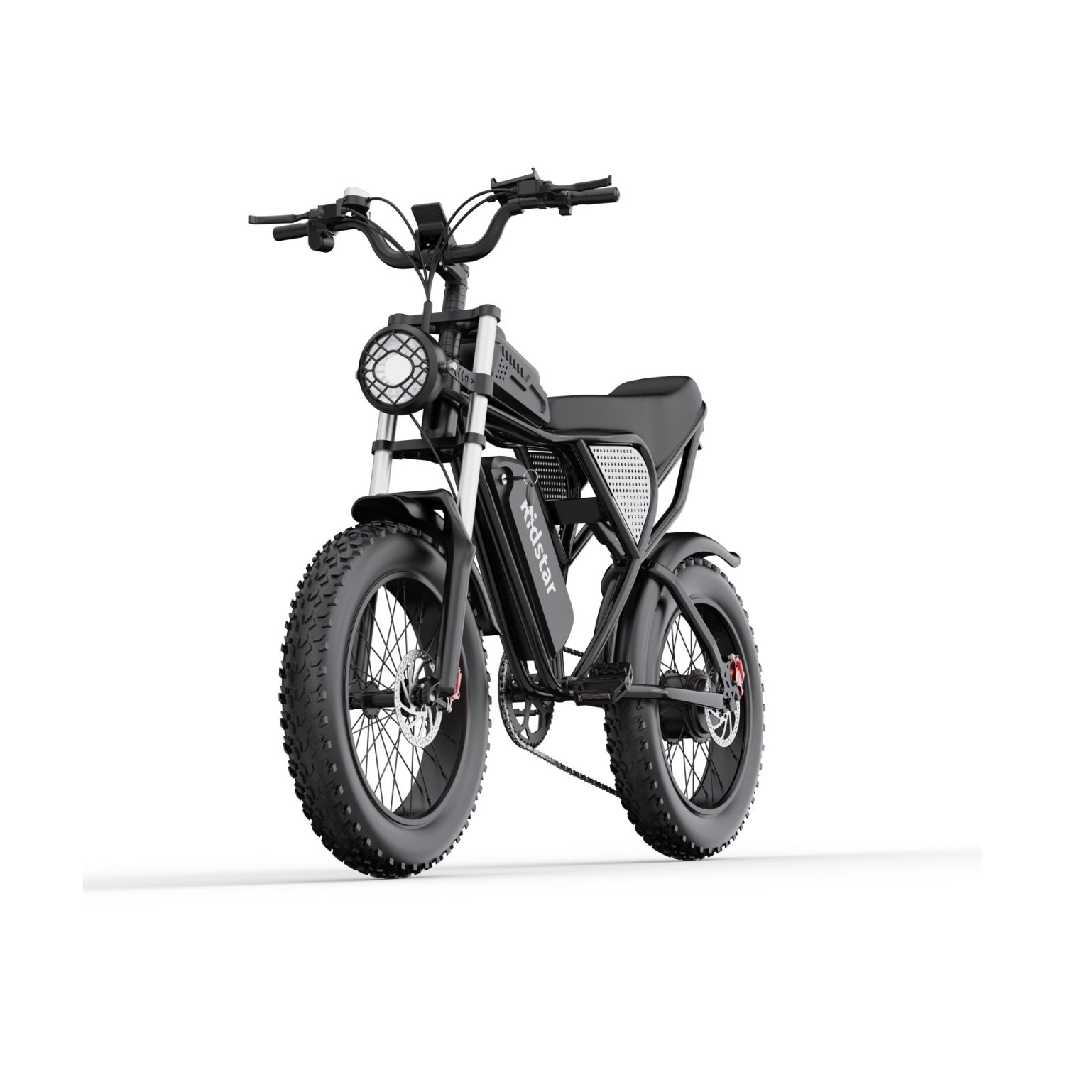Schwarzes Elektromotorrad. Große Reifen und ein Scheinwerfer.