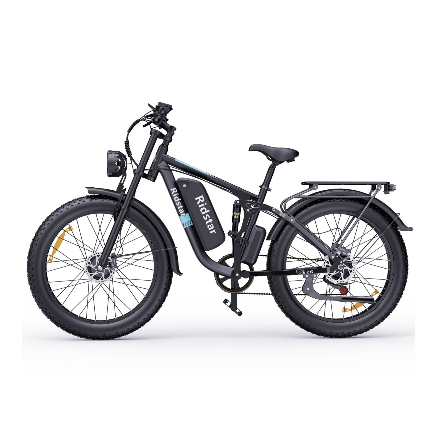 Schwarzes Elektrofahrrad mit dicken Reifen. Es hat einen Akku, Lichter und einen Gepäckträger.