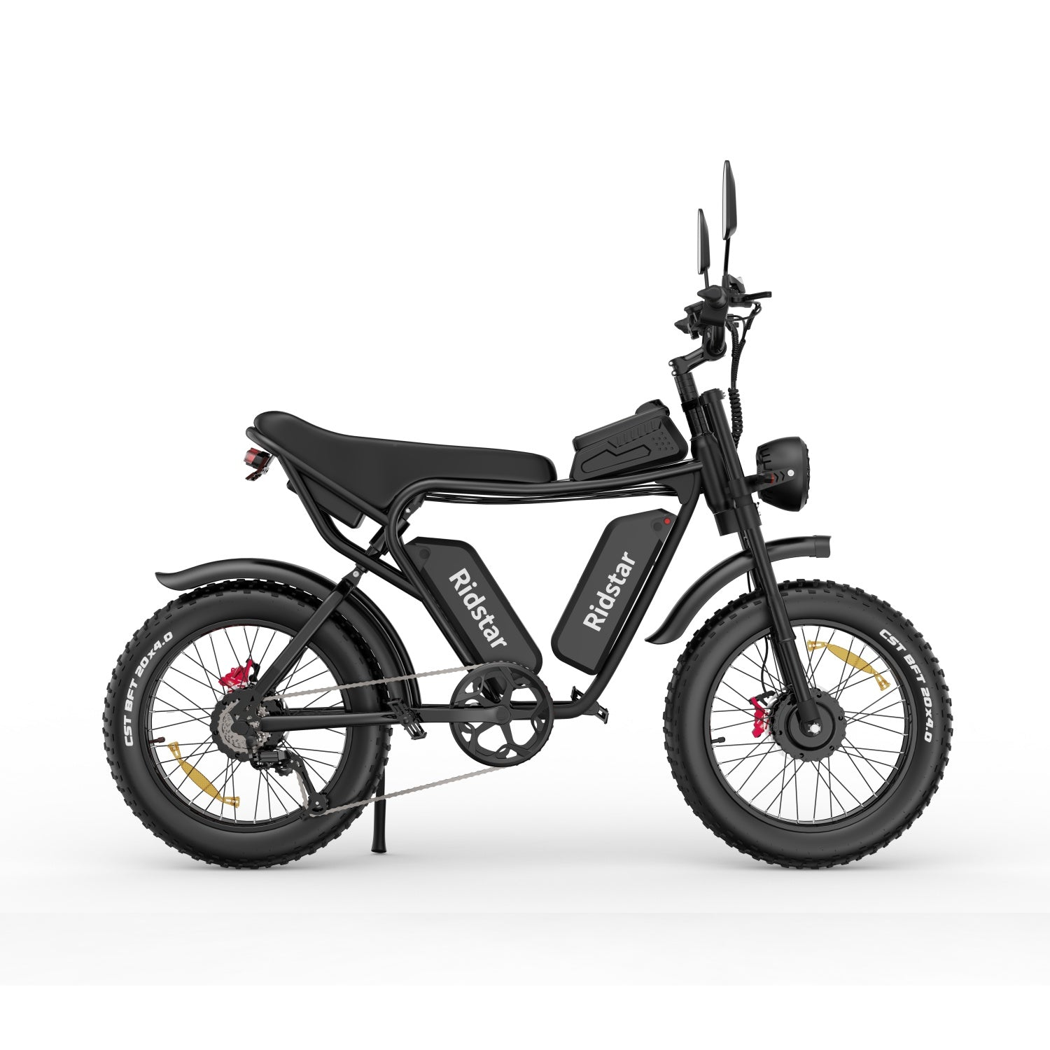 Ein schwarzes Elektrofahrrad mit Ridstar-Logo auf dem Rahmen, auf weißem Hintergrund.