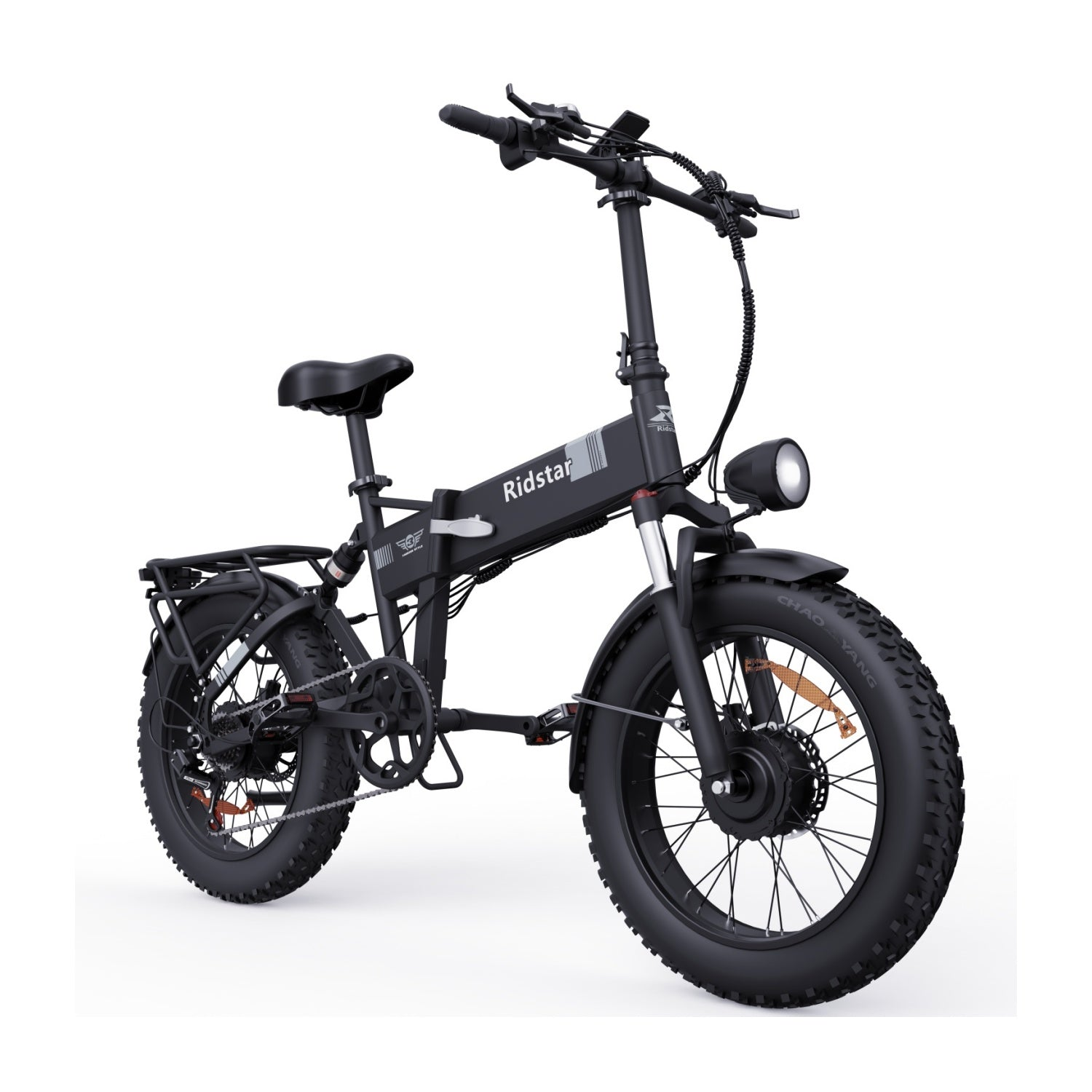 Ein schwarzes Ridstar Elektrofahrrad, von der Seite betrachtet, vor weißem Hintergrund.