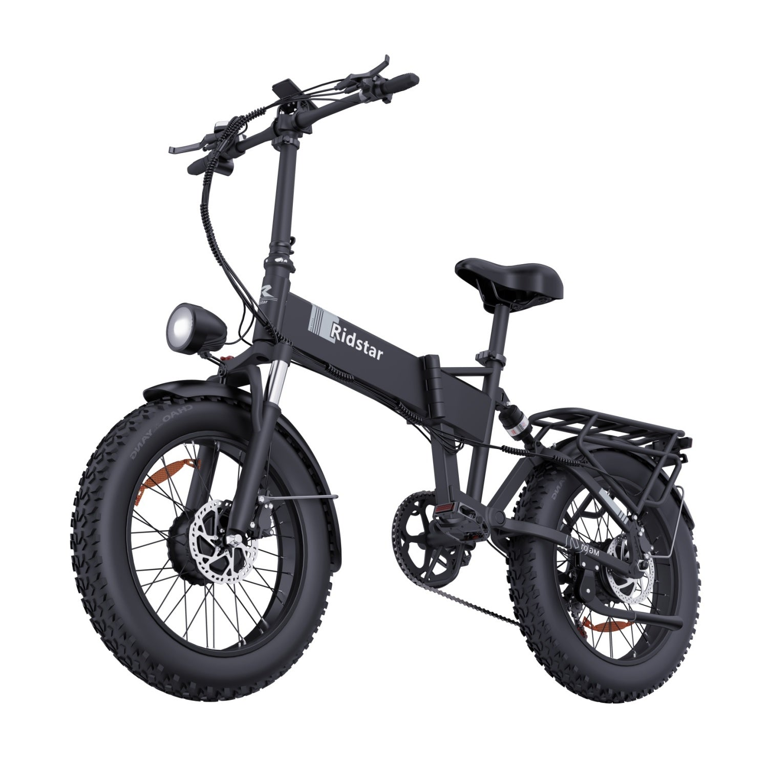 Schwarzes elektrisches Ridstar-Fahrrad auf weißem Hintergrund. Es hat große Reifen, einen schwarzen Rahmen und sichtbaren Motor.