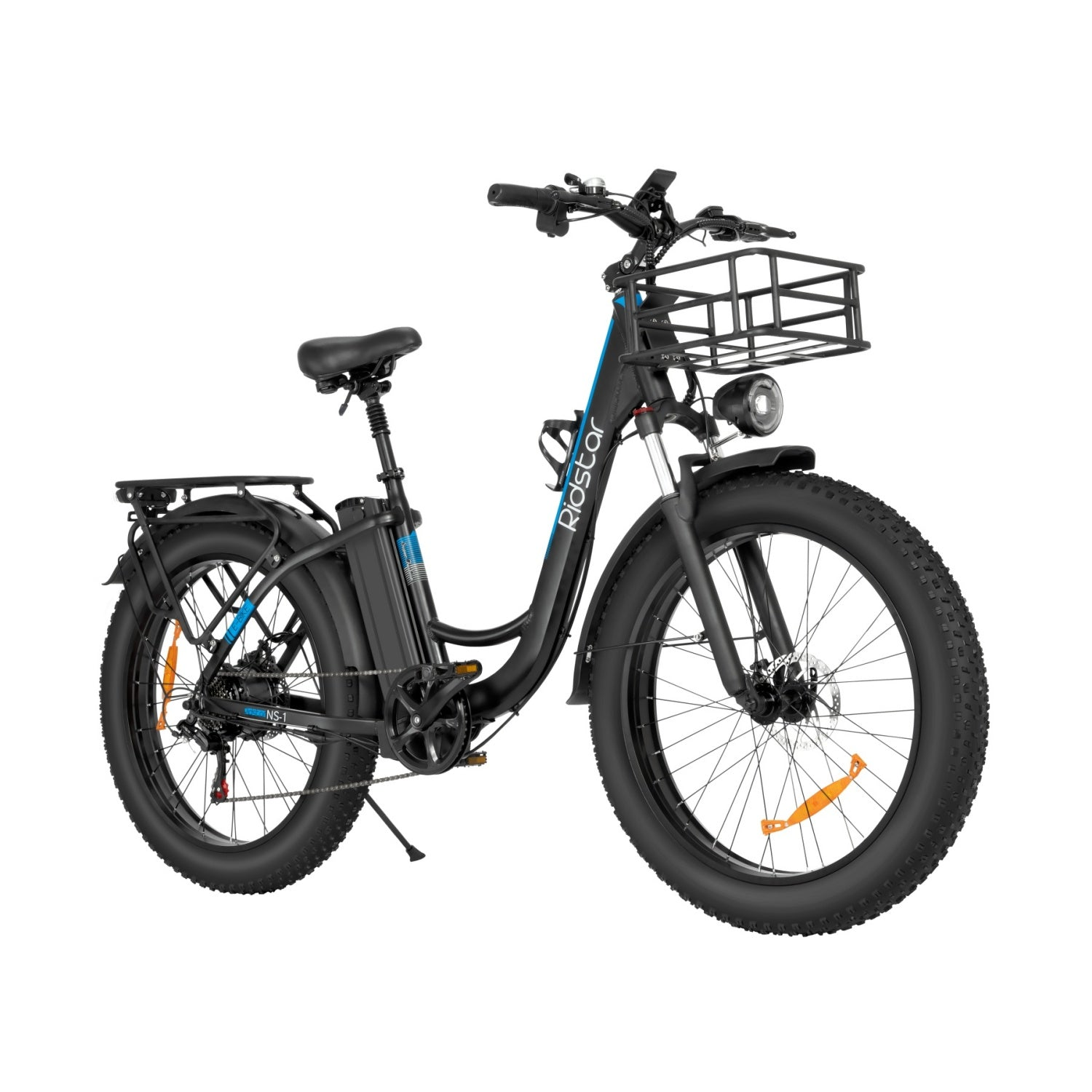 Schwarzes Ridstar Elektrofahrrad mit Korb, blauen Akzenten und breiten Reifen, Seitenansicht.