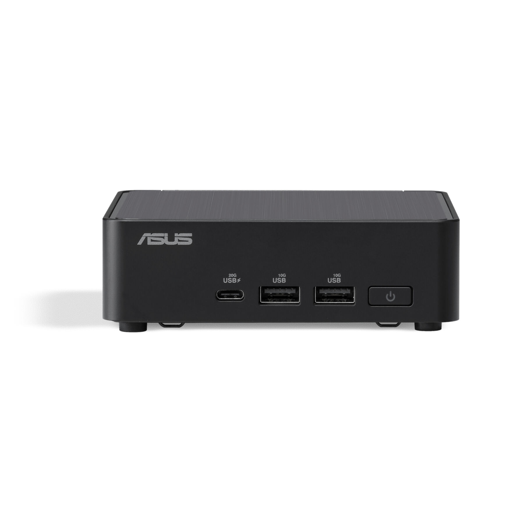 Ein schwarzer ASUS Mini-PC mit USB-Anschlüssen und einem Einschaltknopf.