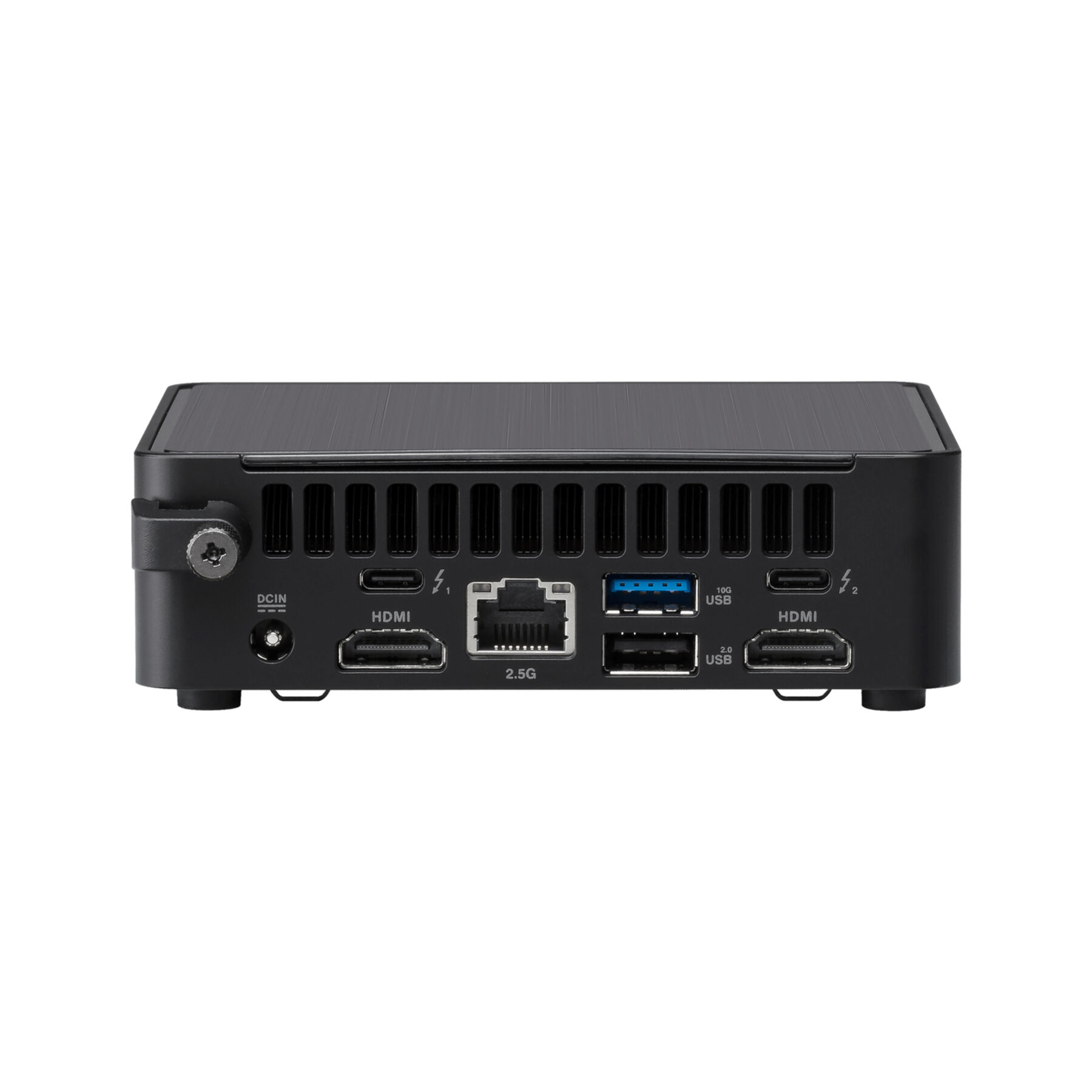 Schwarzer Mini-PC mit mehreren Anschlüssen, darunter HDMI, USB und ein Ethernet-Anschluss. Rechteckig.