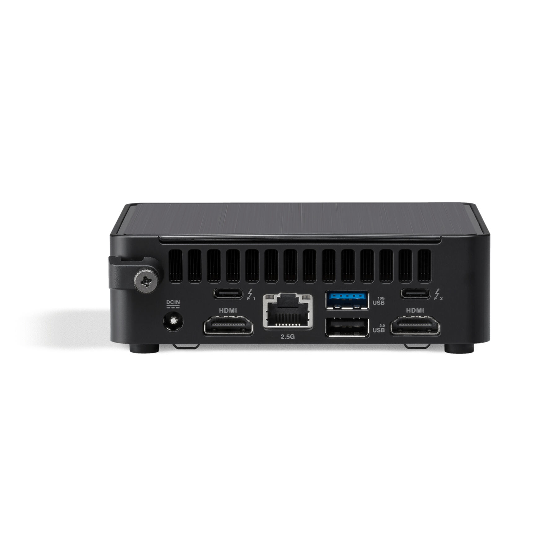 Schwarzer Mini-Computer mit Anschlüssen für verschiedene Verbindungen. Enthält HDMI-, USB- und Ethernet-Anschlüsse.